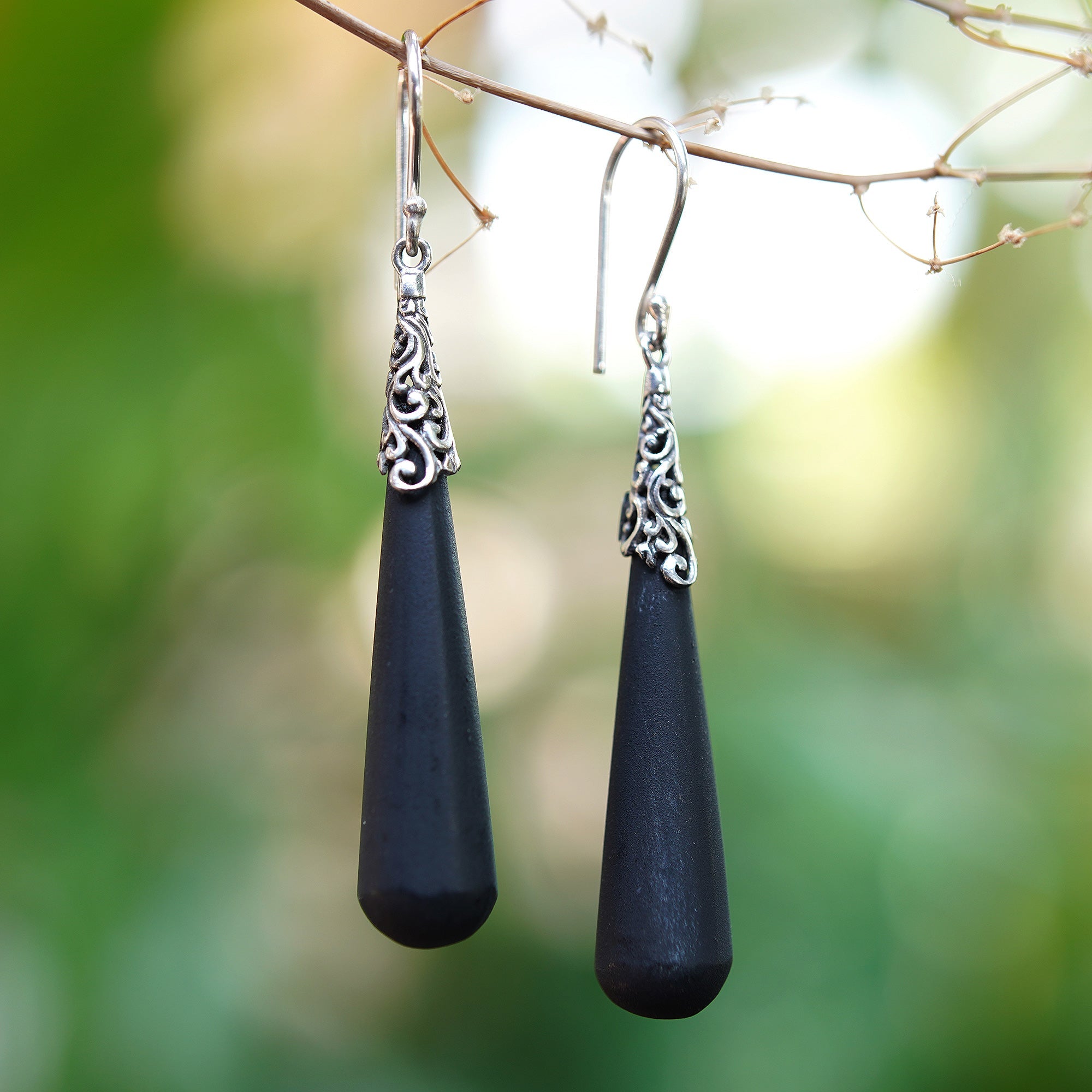 Sterling Silver Lava Stone Midnight Drops Dangle Earrings - Midnight Drops