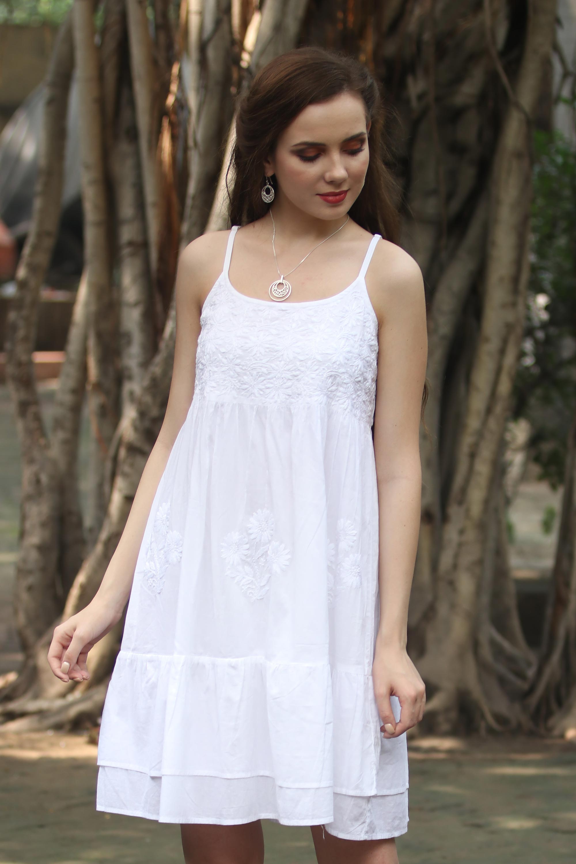 Strappy White Cotton Chikankari Embroidered Dress from India - Breezy Summer