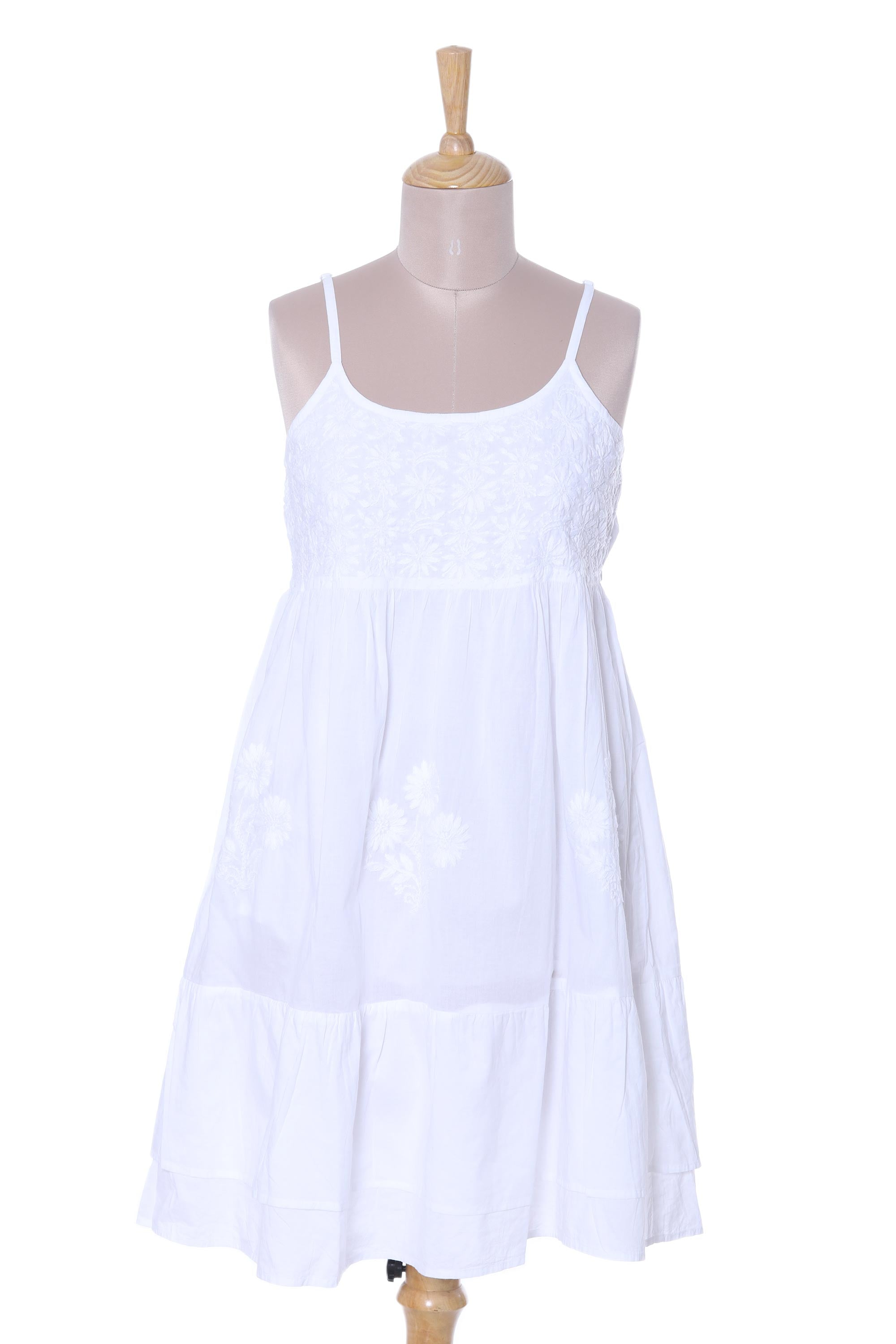 Strappy White Cotton Chikankari Embroidered Dress from India - Breezy Summer