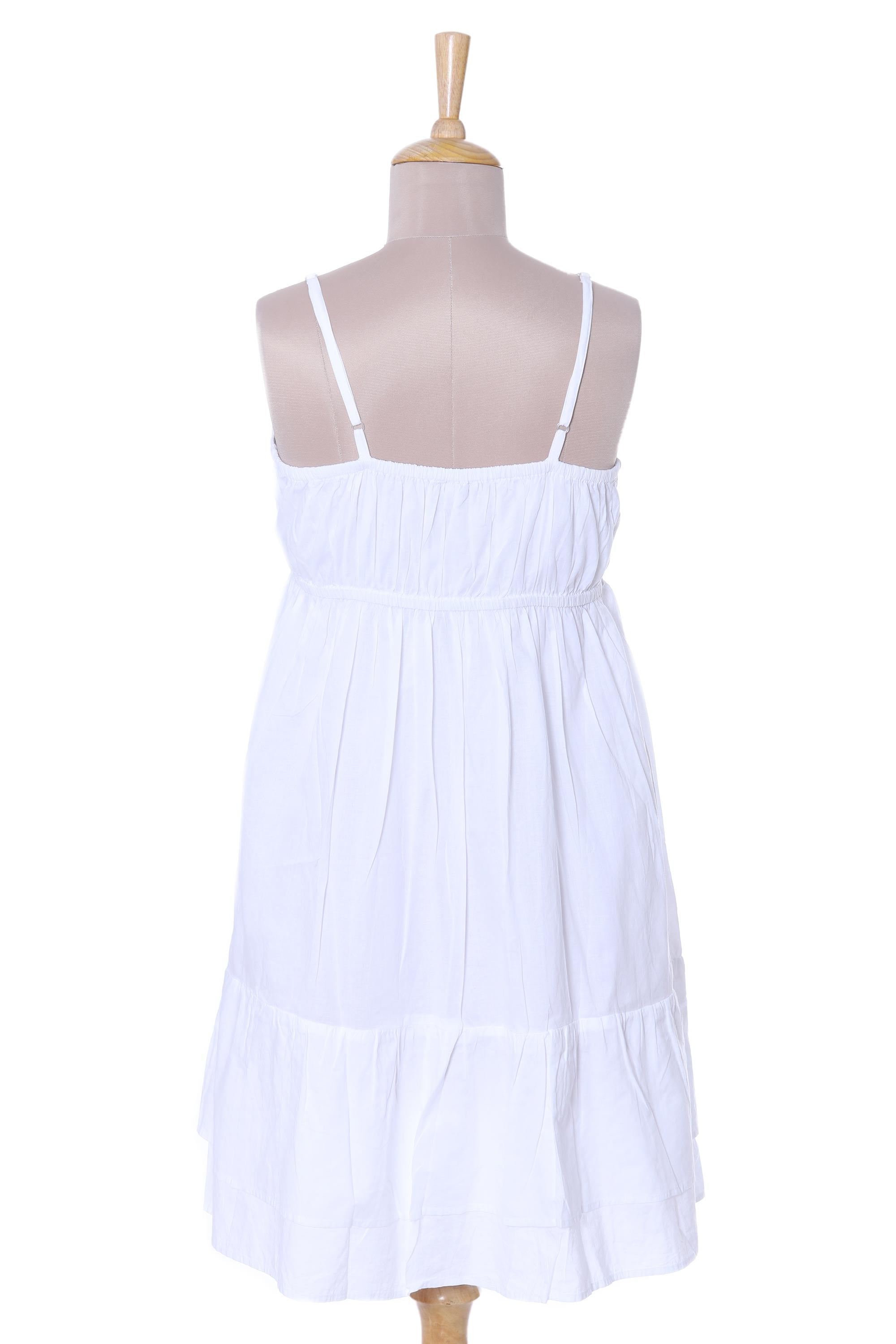 Strappy White Cotton Chikankari Embroidered Dress from India - Breezy Summer