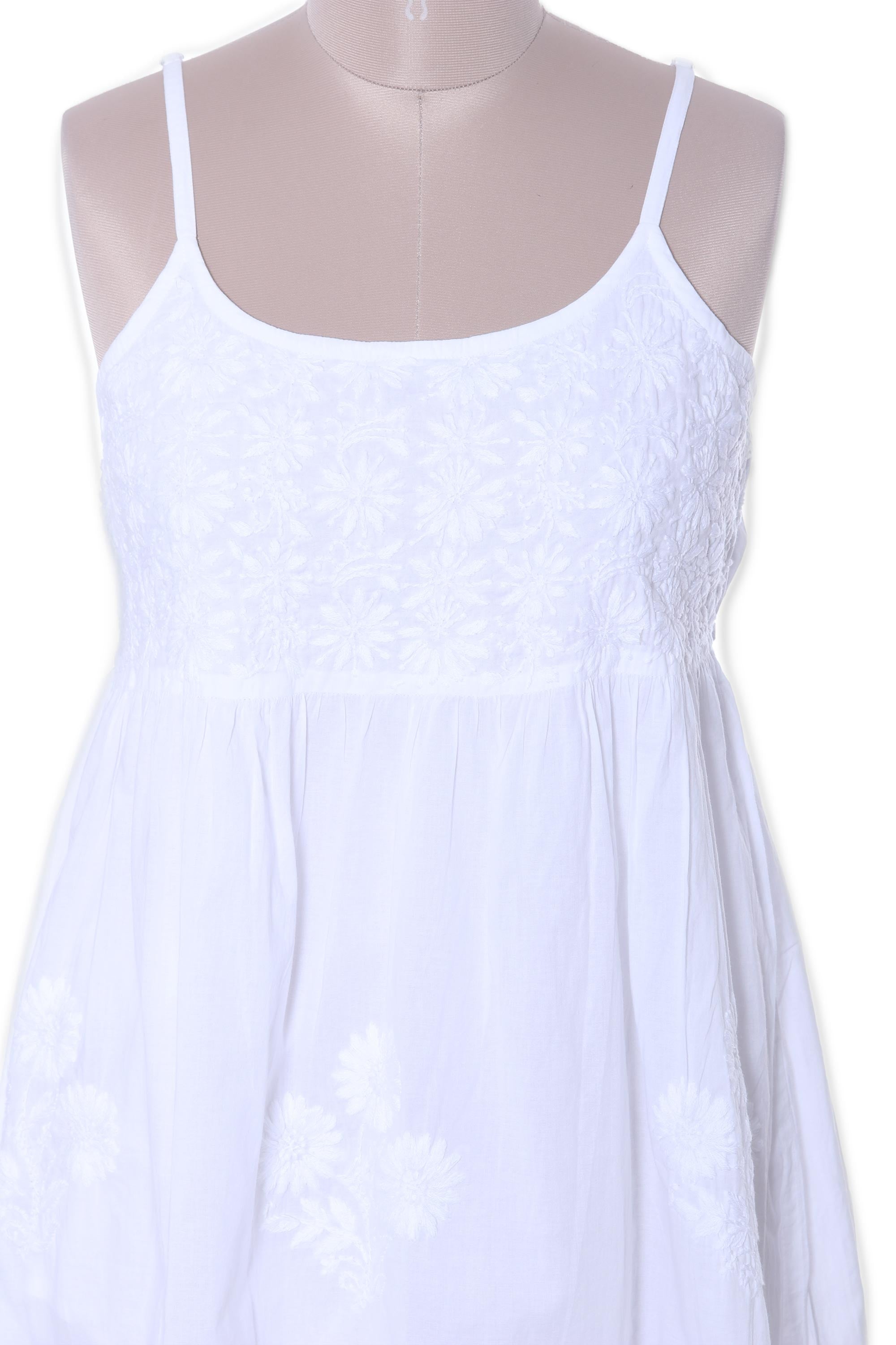 Strappy White Cotton Chikankari Embroidered Dress from India - Breezy Summer