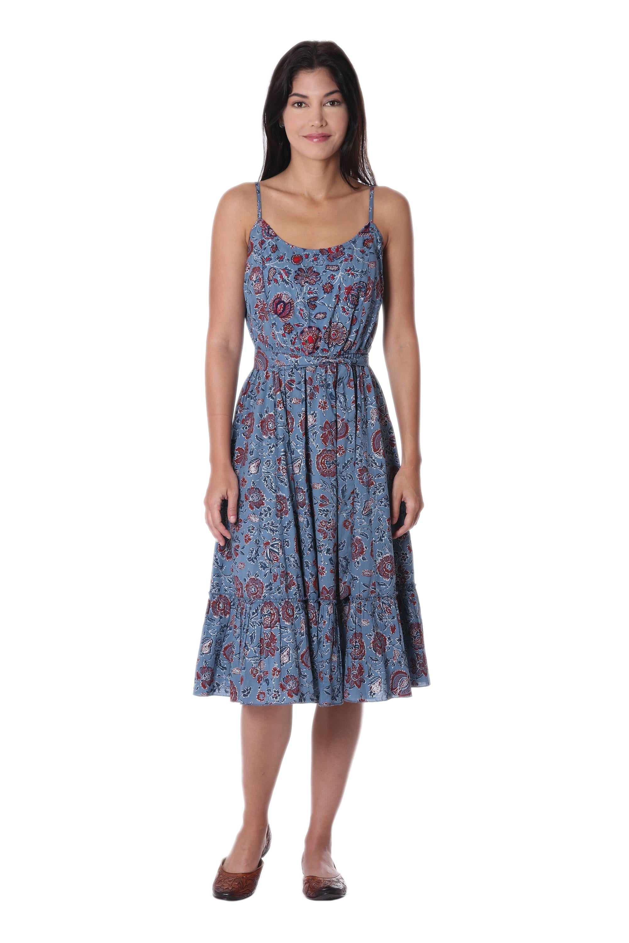 Floral Printed Cotton Sundress in Cerulean from India - Garden Bliss