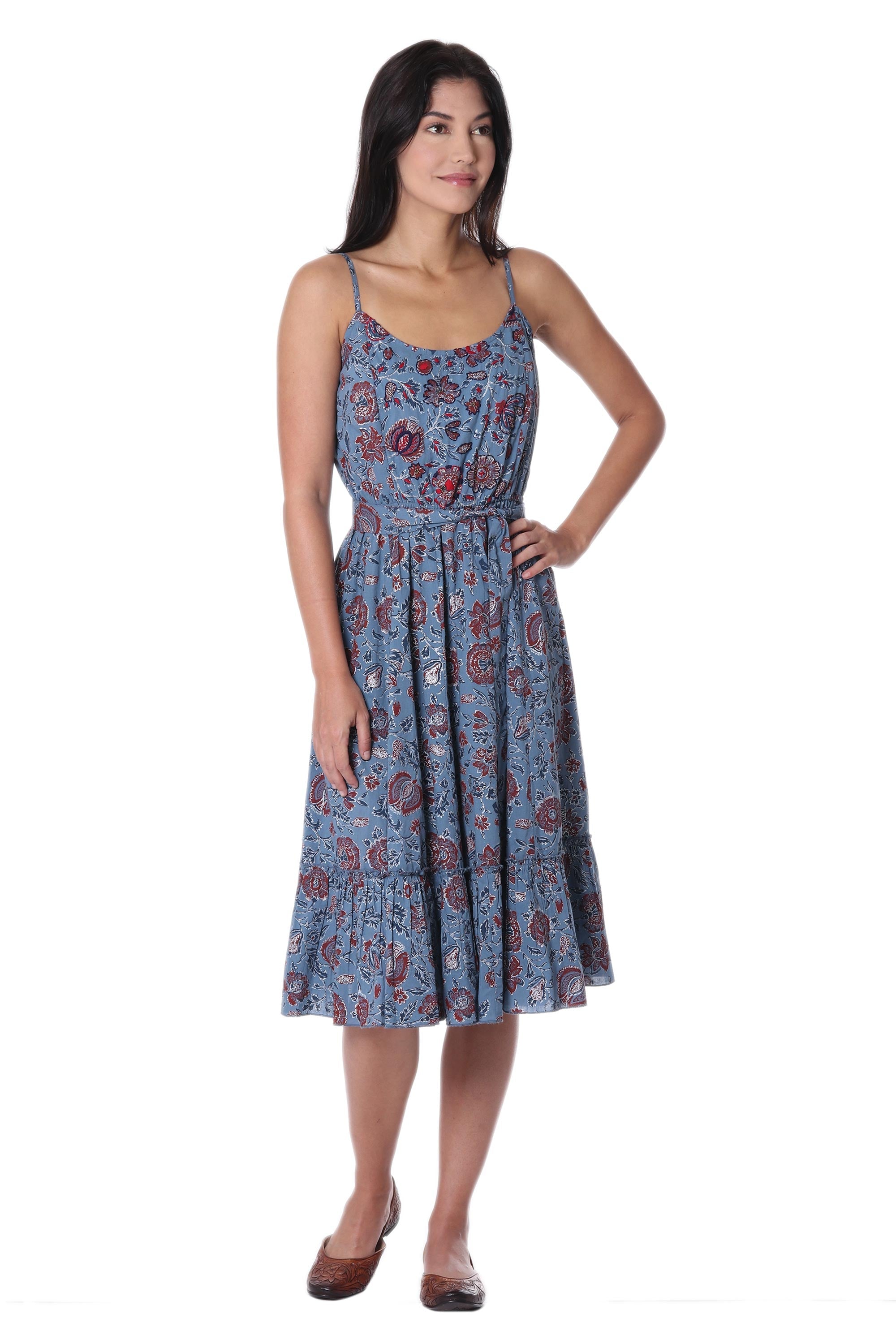 Floral Printed Cotton Sundress in Cerulean from India - Garden Bliss