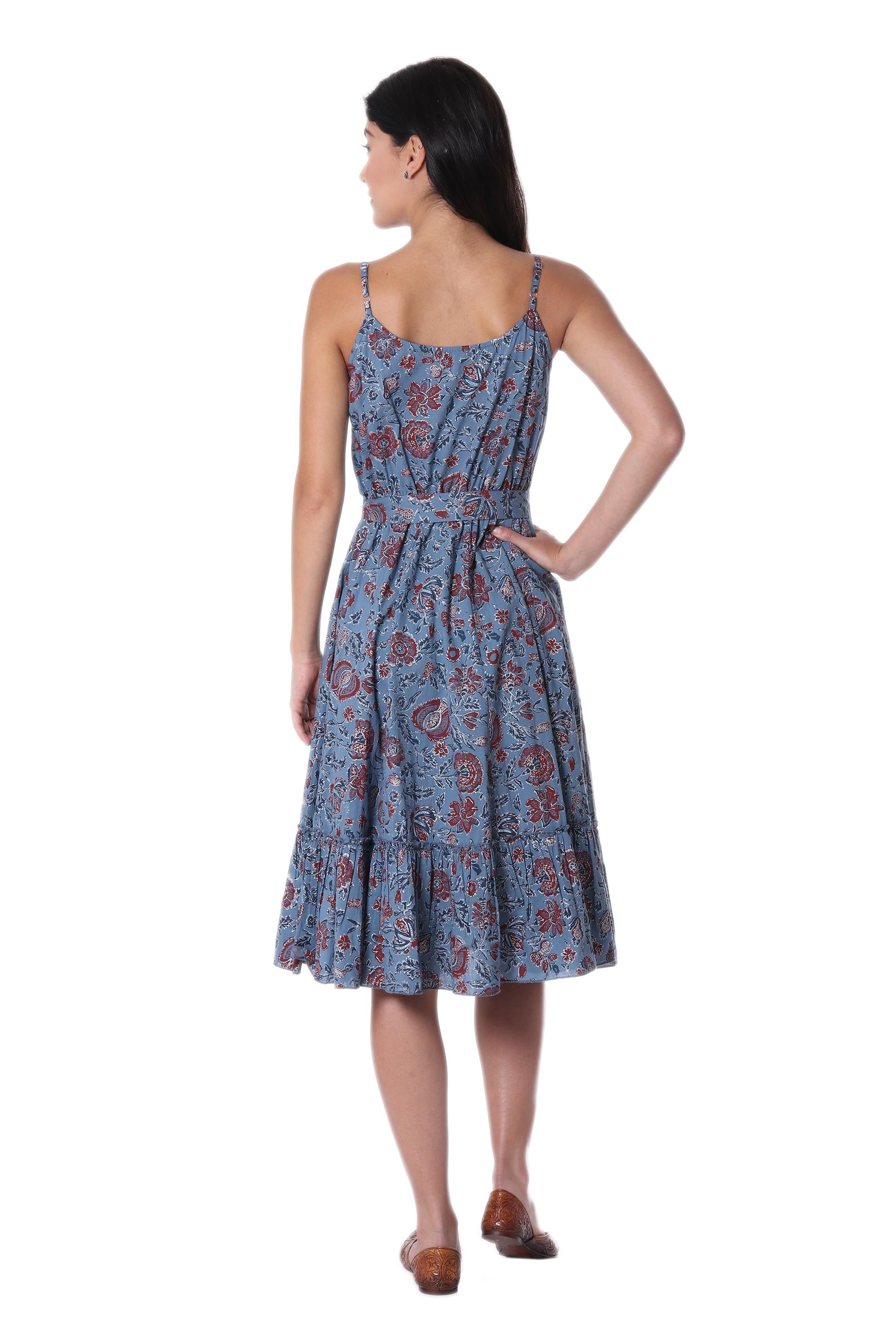 Floral Printed Cotton Sundress in Cerulean from India - Garden Bliss