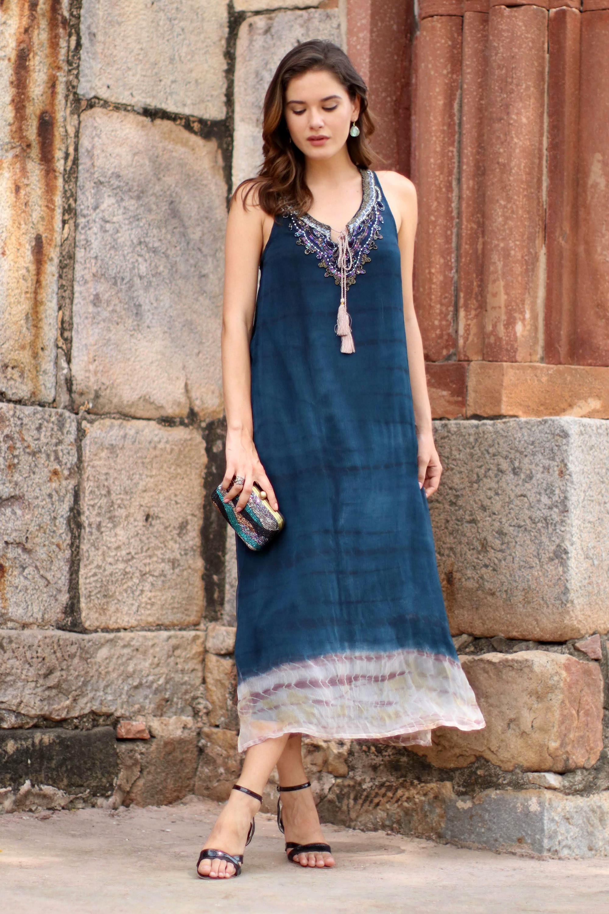 Tie-Dyed Viscose Sundress in Azure from India - Delhi Azure