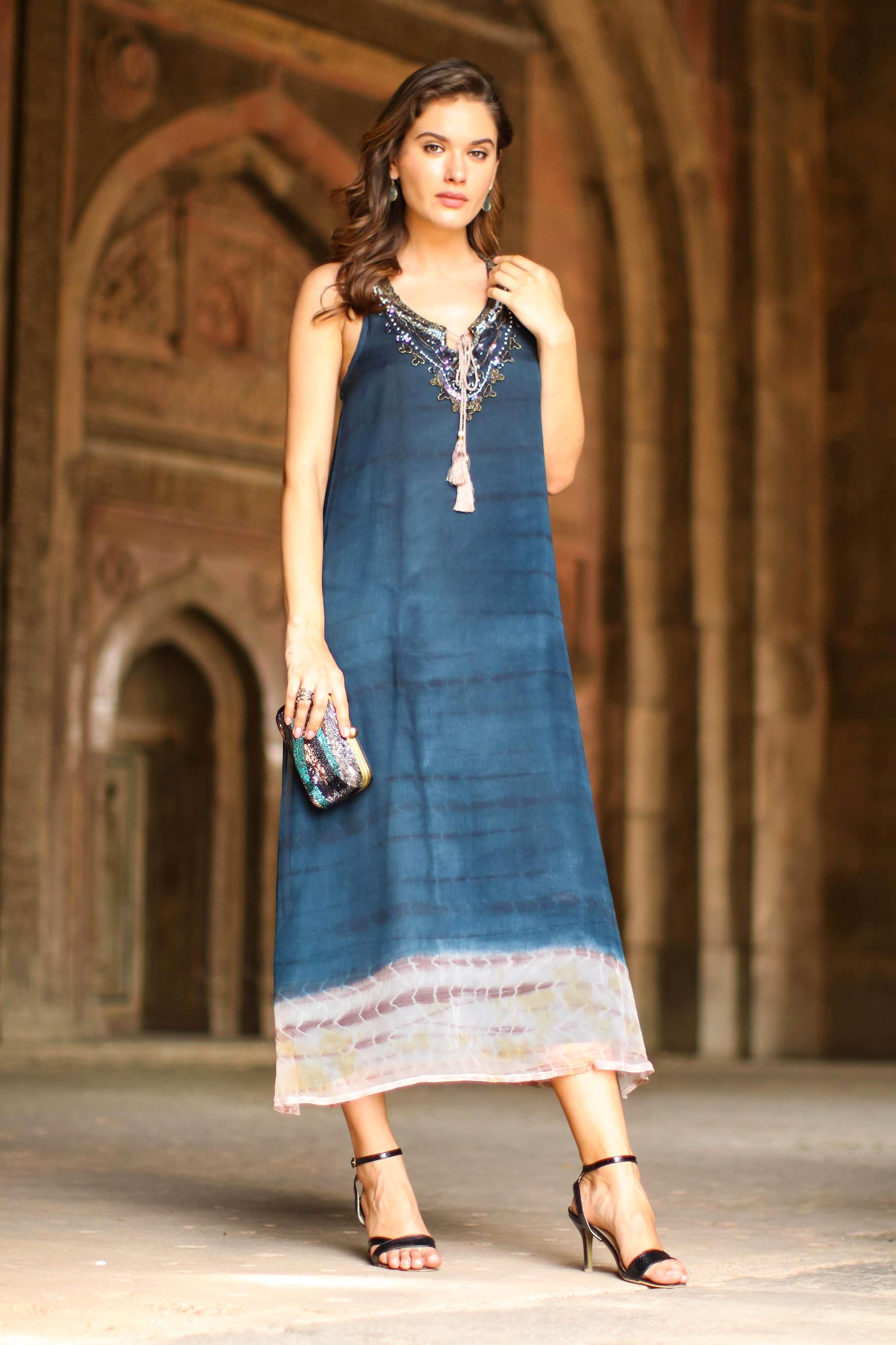 Tie-Dyed Viscose Sundress in Azure from India - Delhi Azure