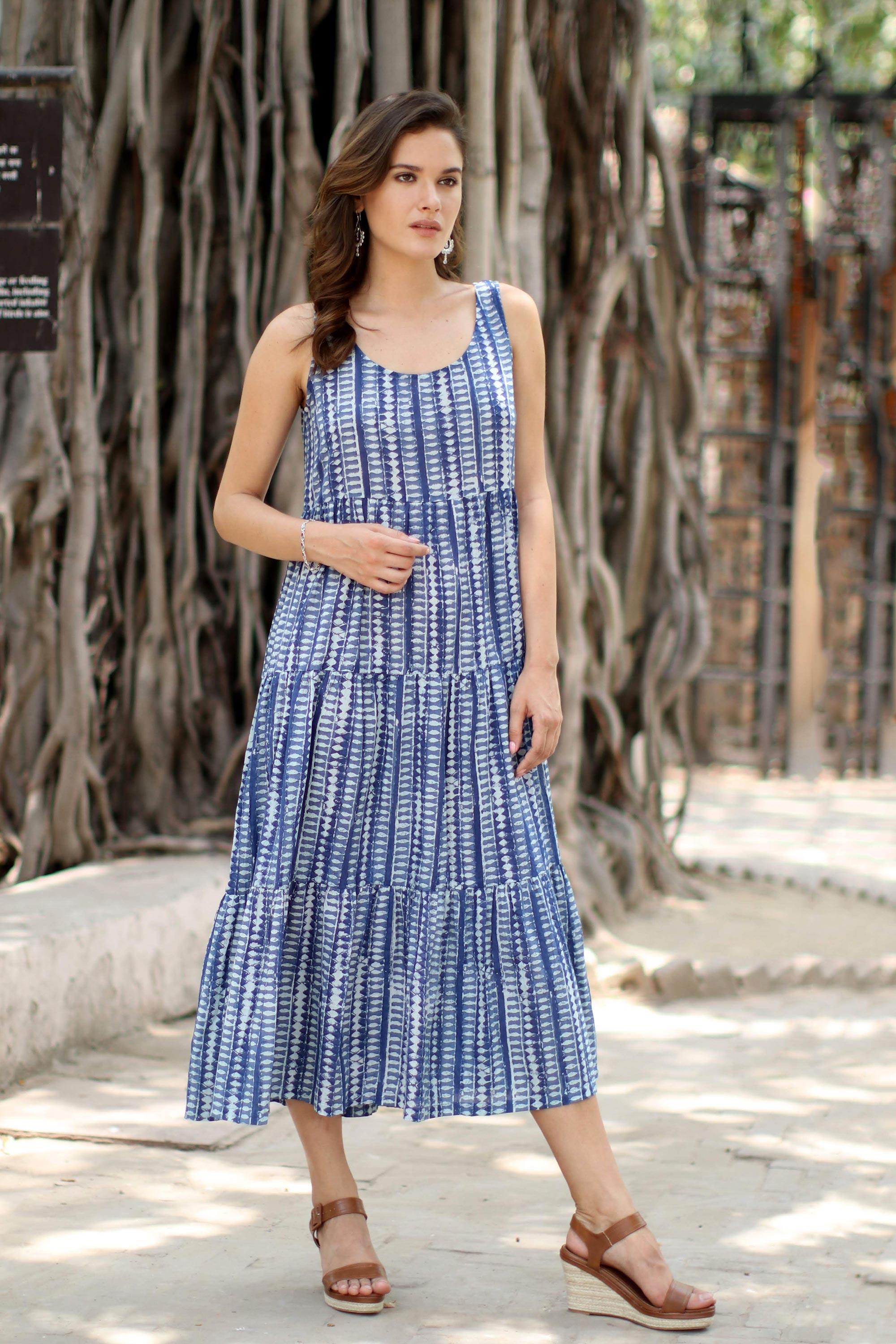 Diamond Motif Printed Cotton Sundress from India - Indian Indigo