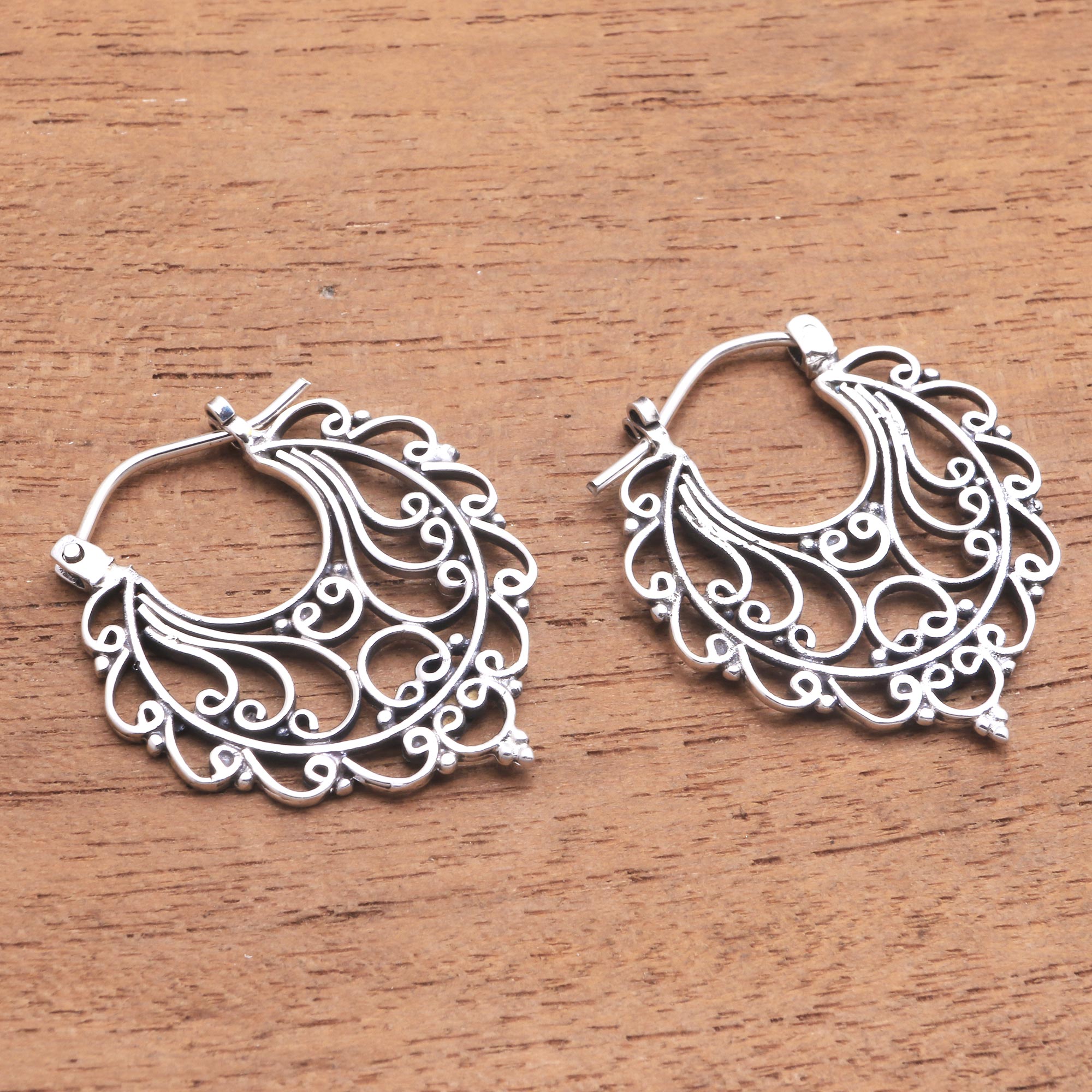 Swirl Pattern Sterling Silver Hoop Earrings from Bali - Always Charming