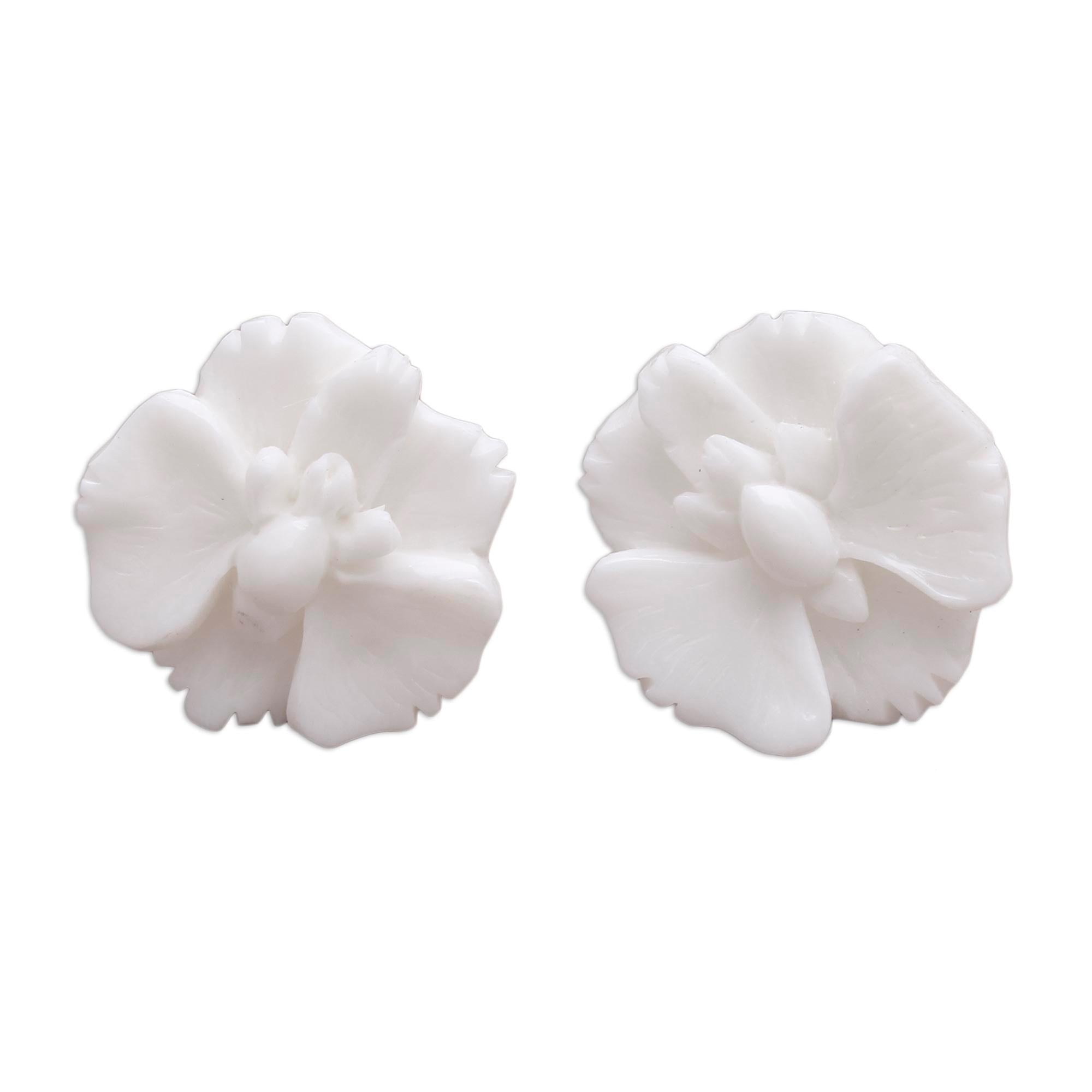 Hand-Carved Bone Orchid Button Earrings from Bali - Fantastic Orchids