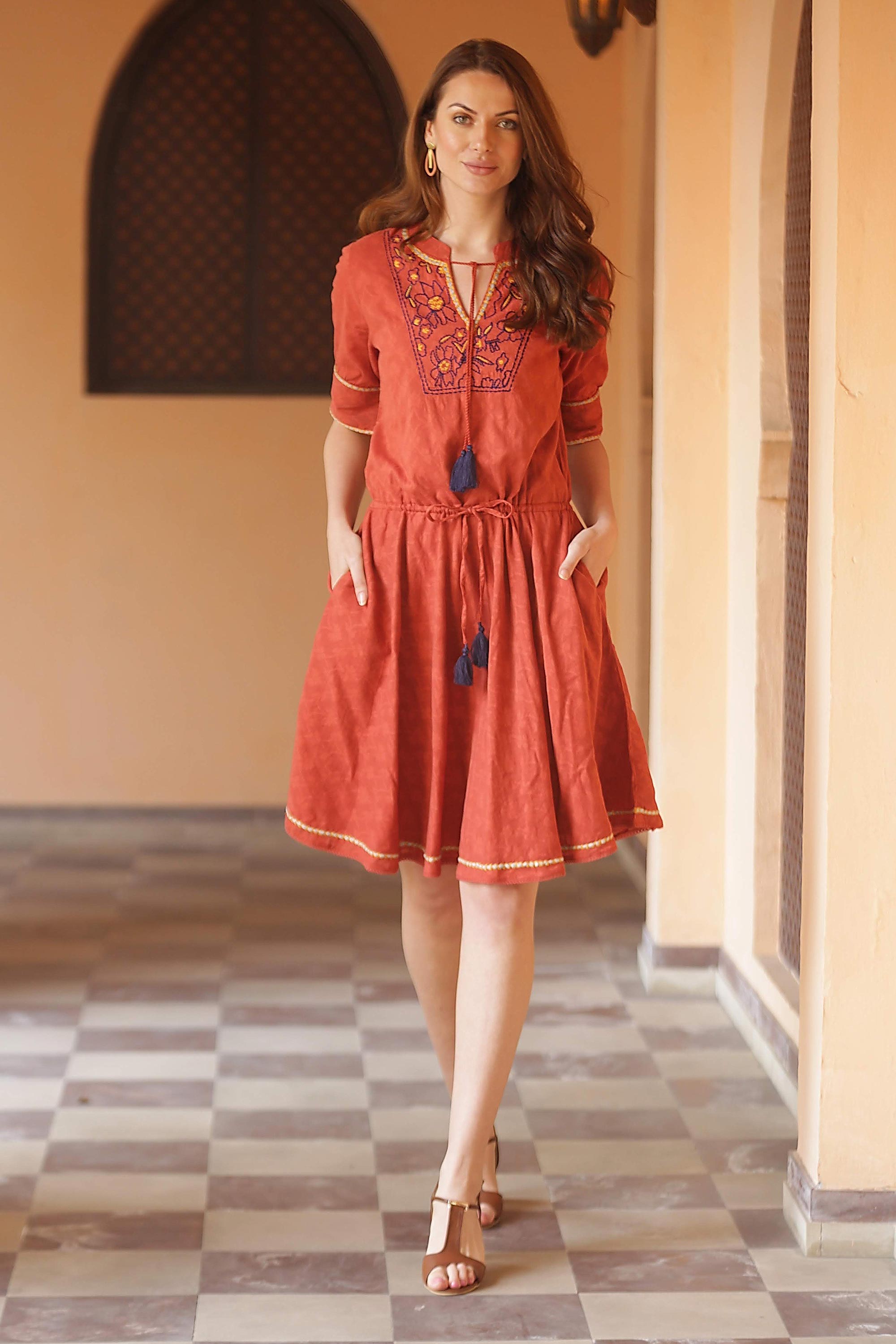 Floral Embroidered Cotton A-Line Dress in Paprika from India - Delhi Spring in Russet