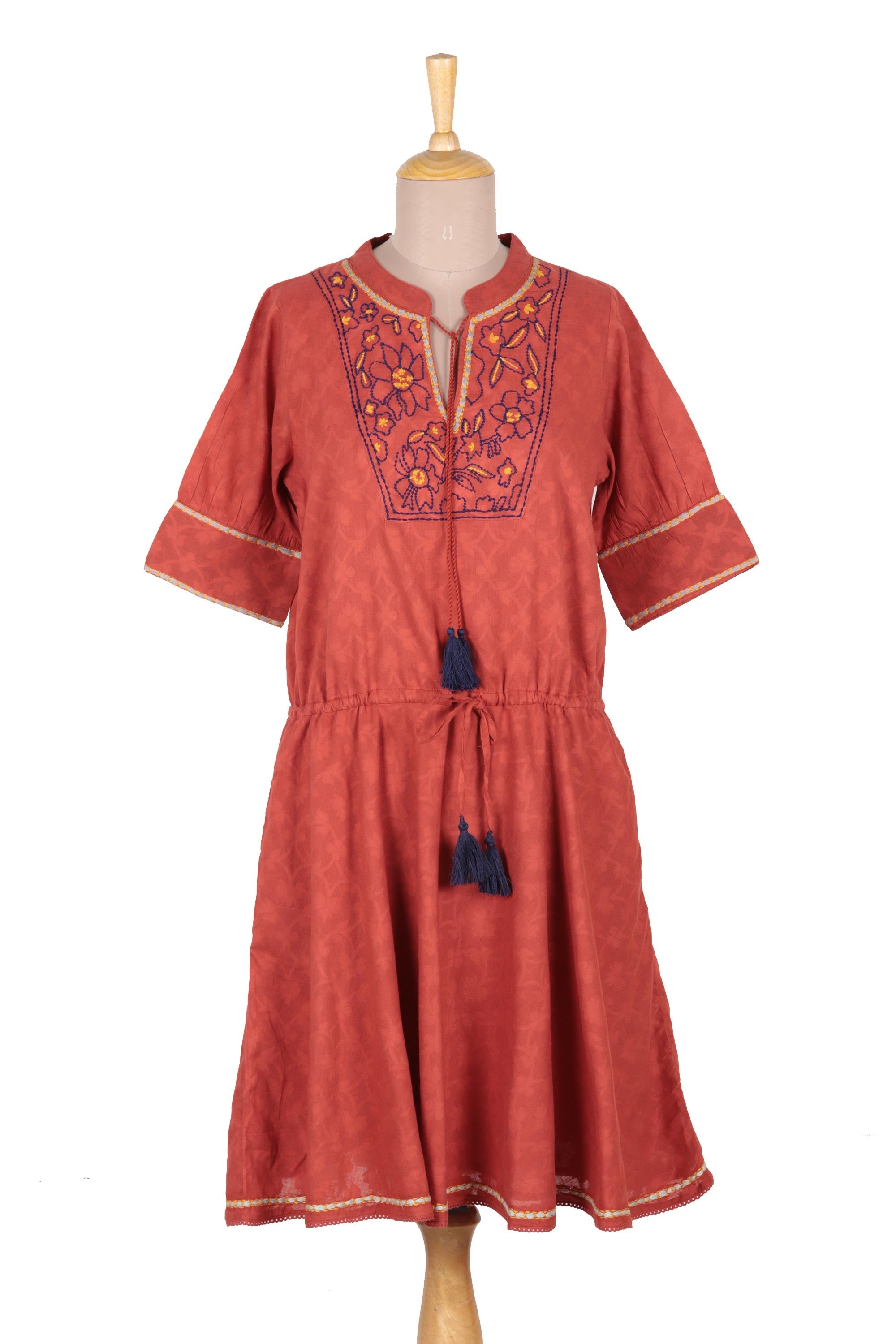 Floral Embroidered Cotton A-Line Dress in Paprika from India - Delhi Spring in Russet