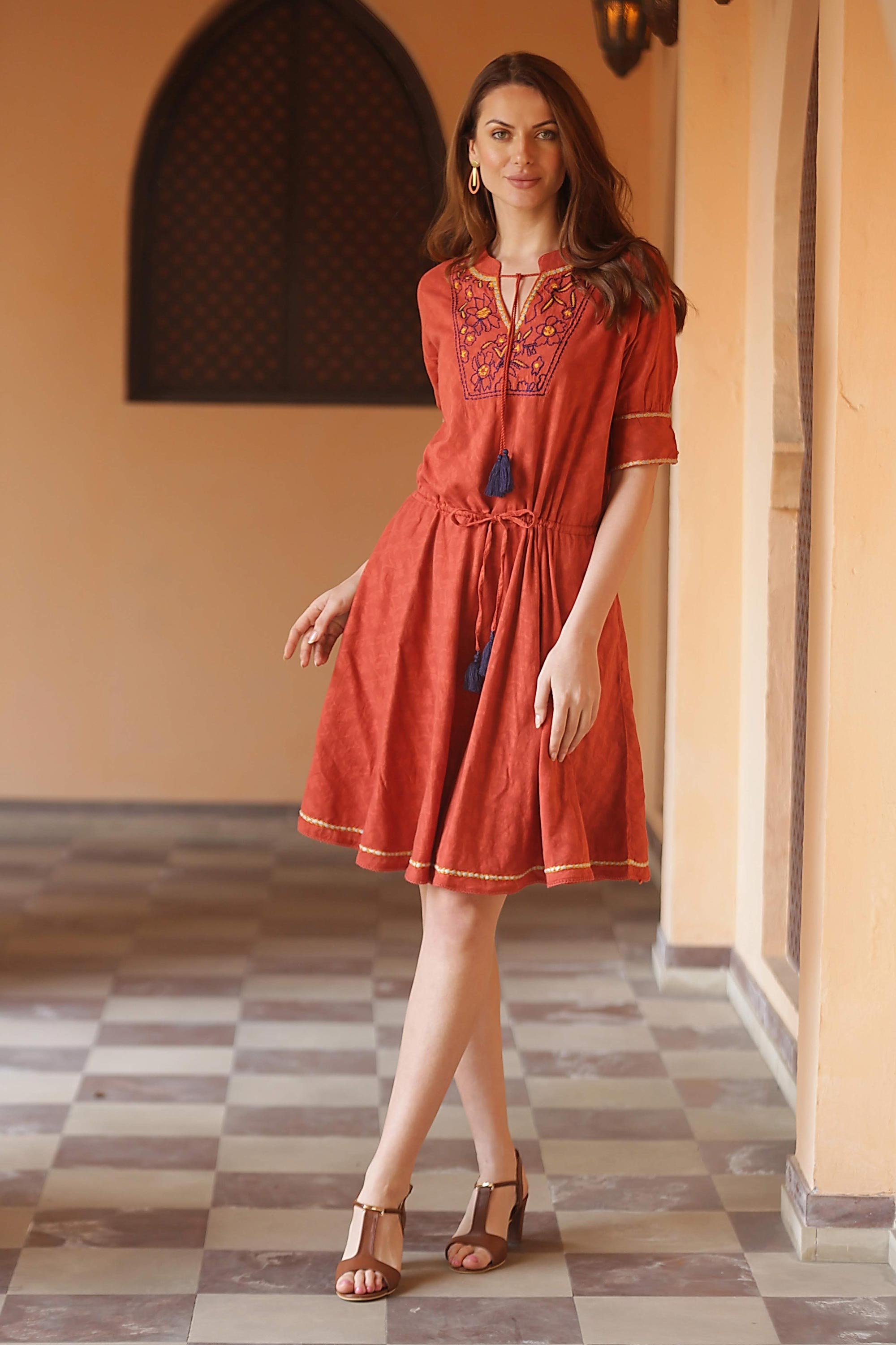 Floral Embroidered Cotton A-Line Dress in Paprika from India - Delhi Spring in Russet