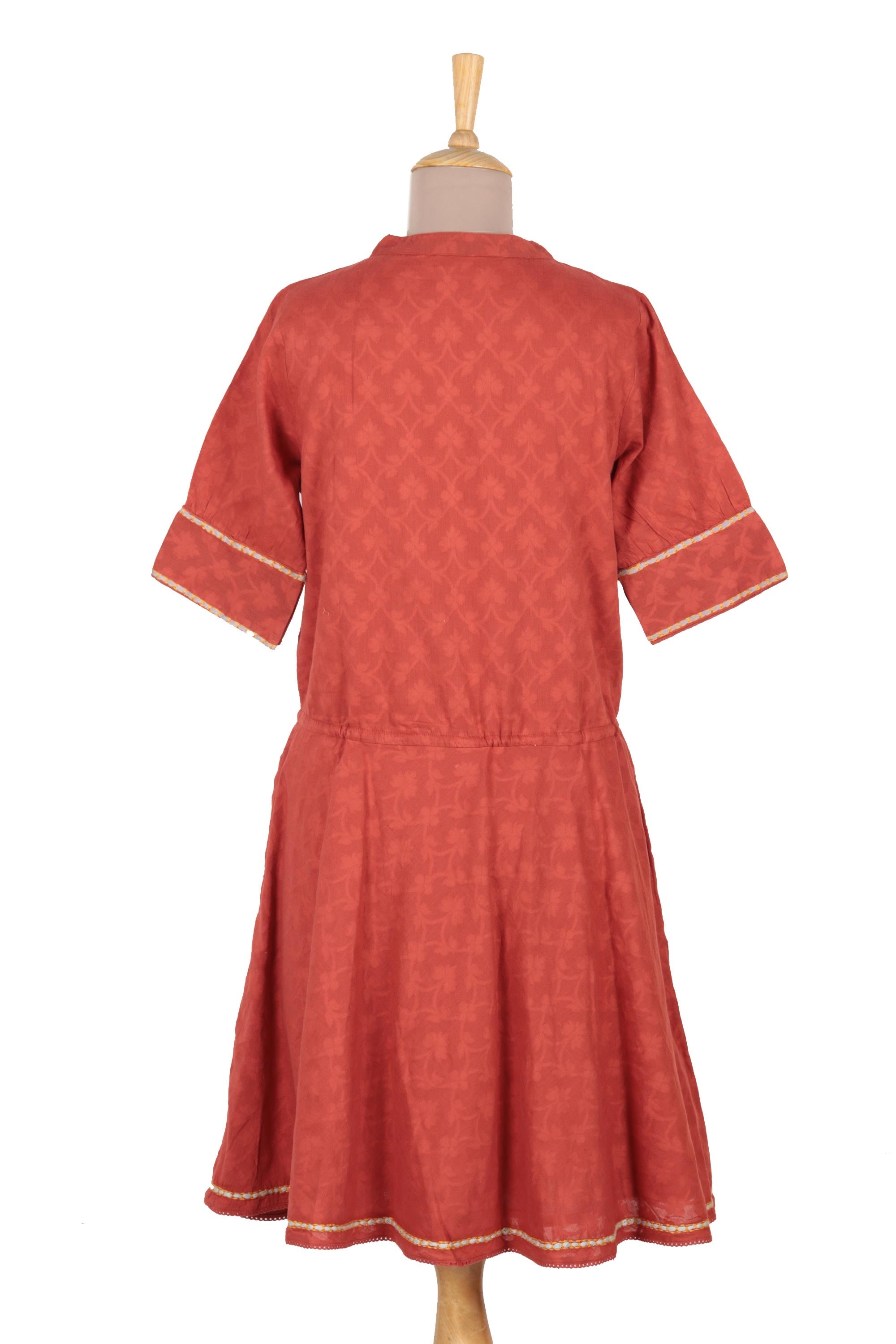 Floral Embroidered Cotton A-Line Dress in Paprika from India - Delhi Spring in Russet