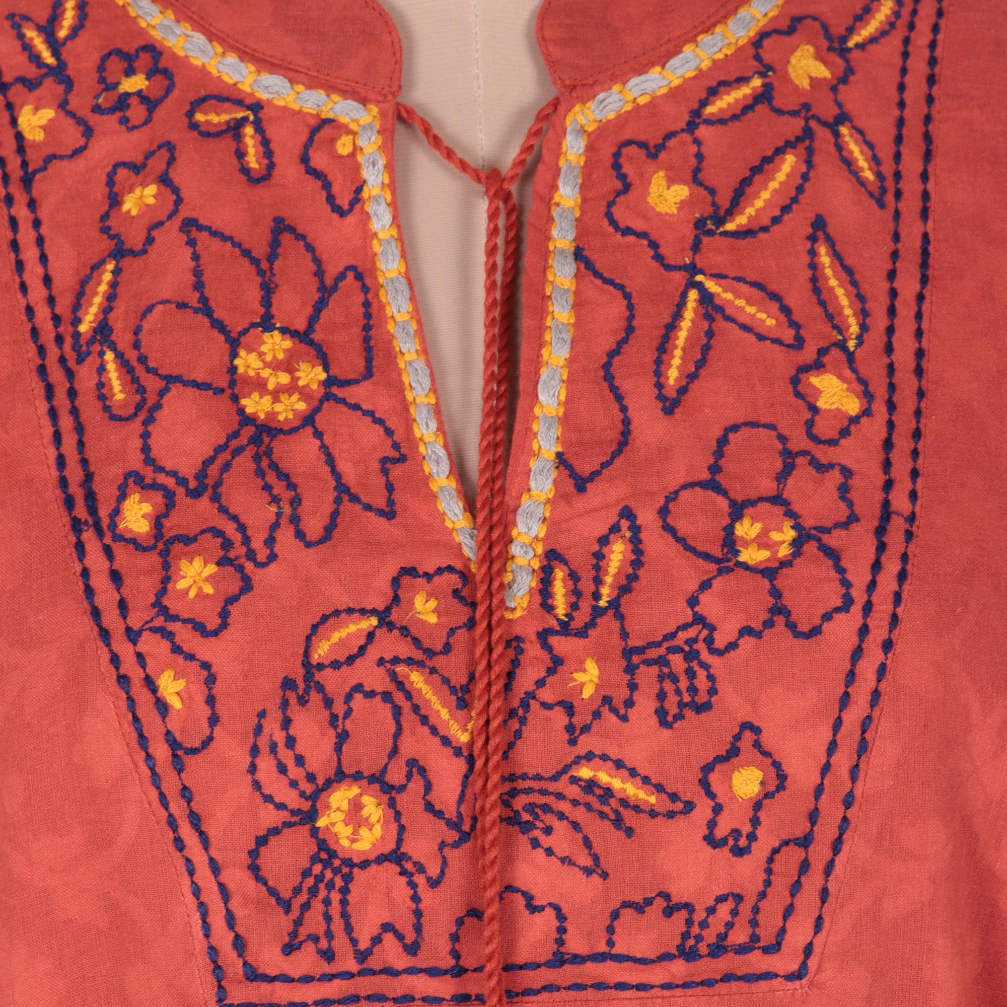 Floral Embroidered Cotton A-Line Dress in Paprika from India - Delhi Spring in Russet
