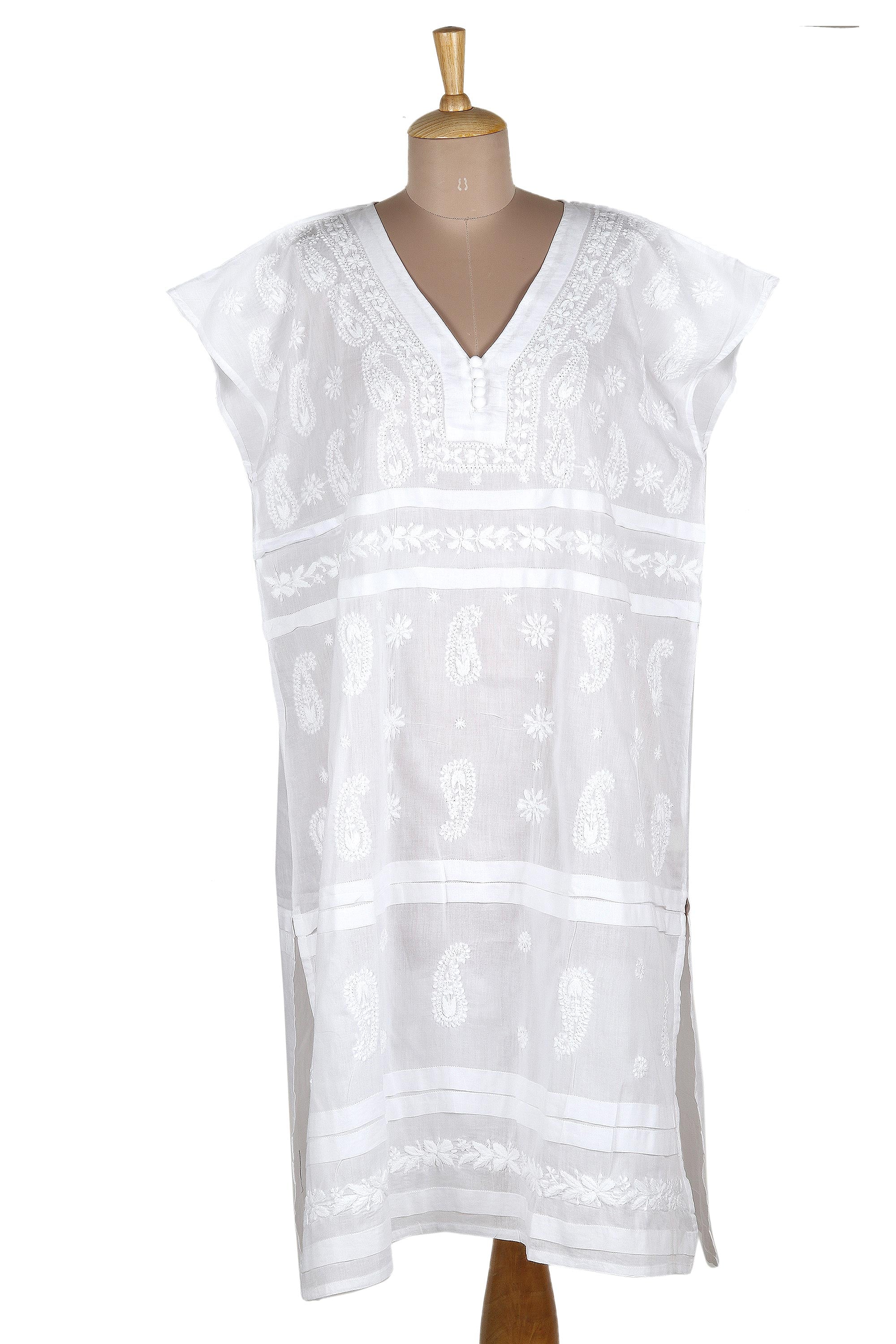 Lightweight Embroidered Cotton Shift in White - Paisley Garden in White