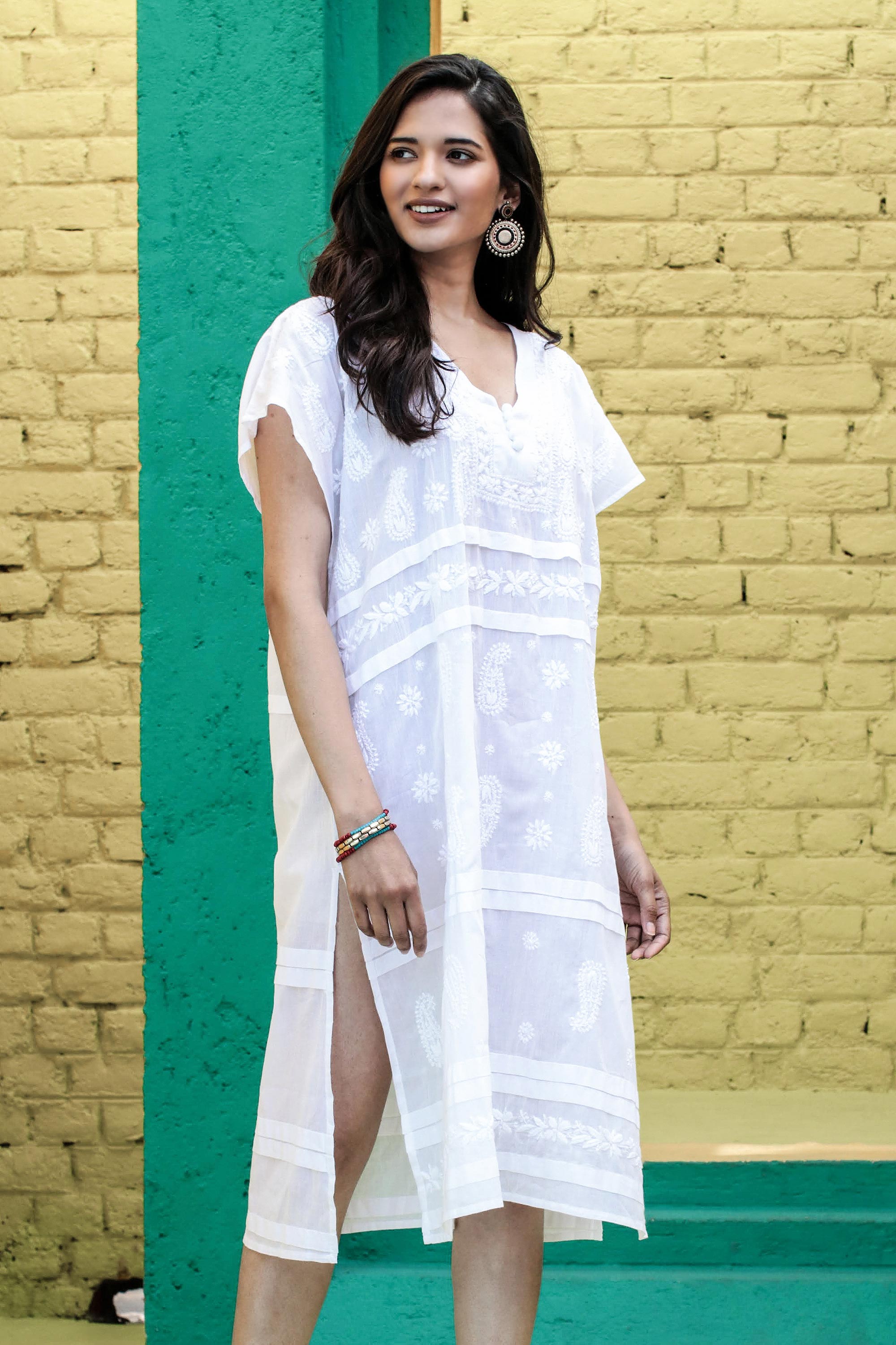 Lightweight Embroidered Cotton Shift in White - Paisley Garden in White
