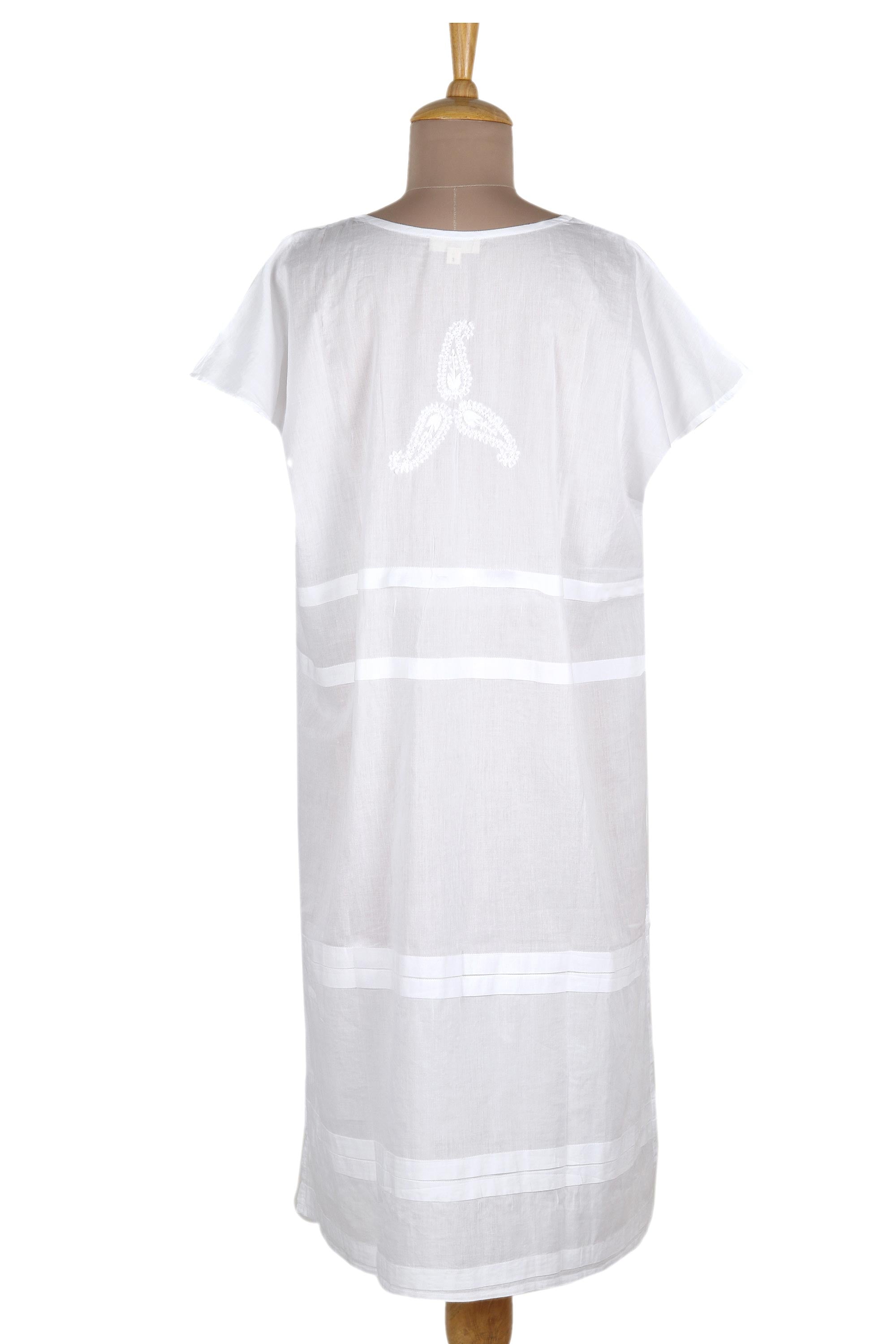Lightweight Embroidered Cotton Shift in White - Paisley Garden in White