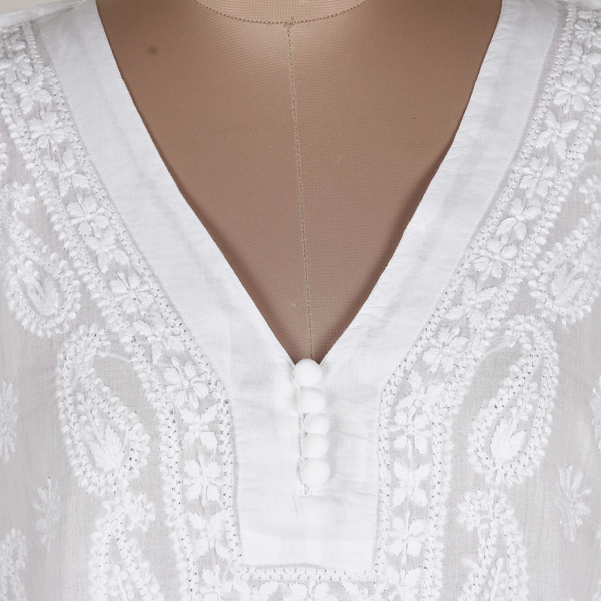 Lightweight Embroidered Cotton Shift in White - Paisley Garden in White