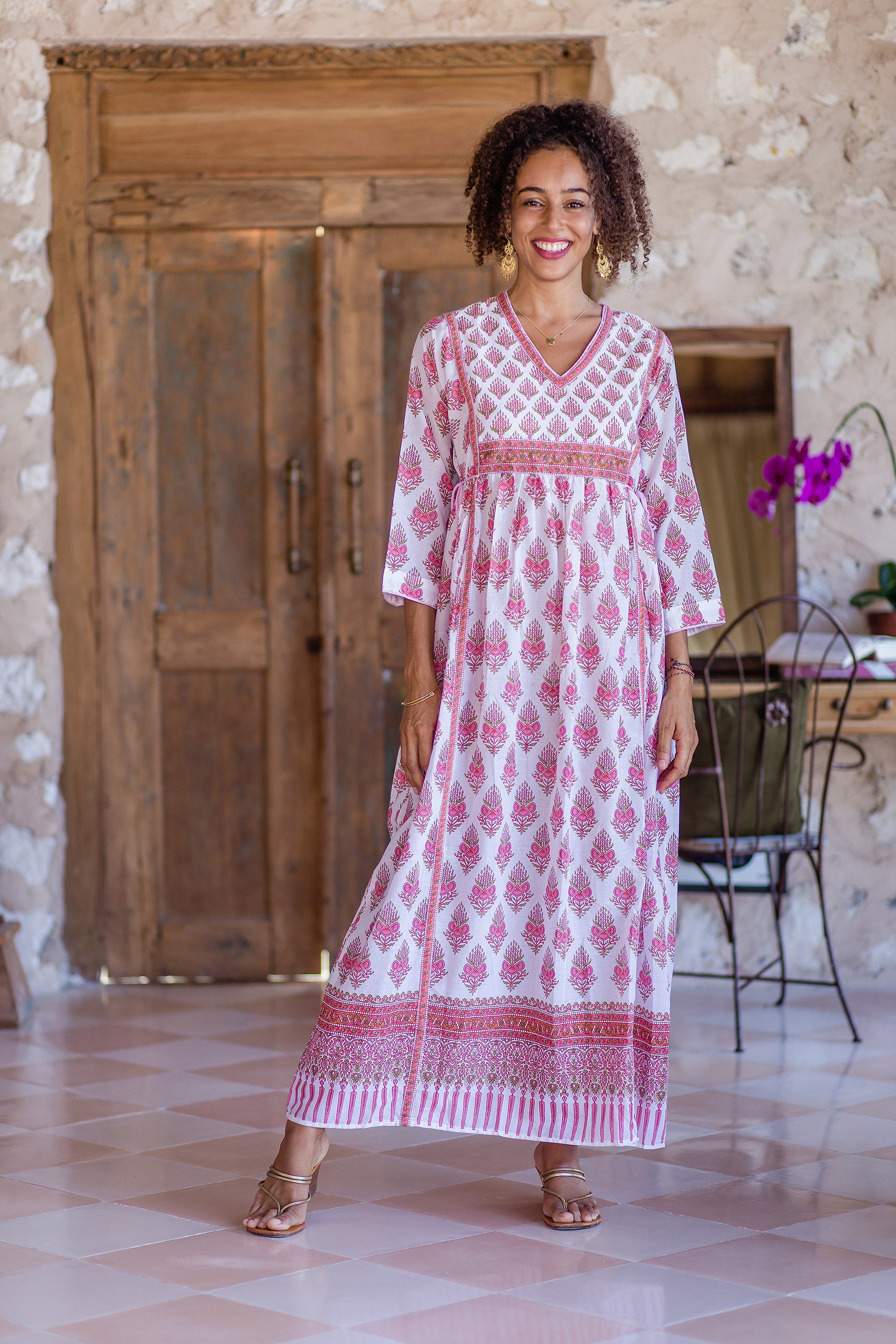 Pink Floral Print Cotton Maxi Dress - Floral Fantasy