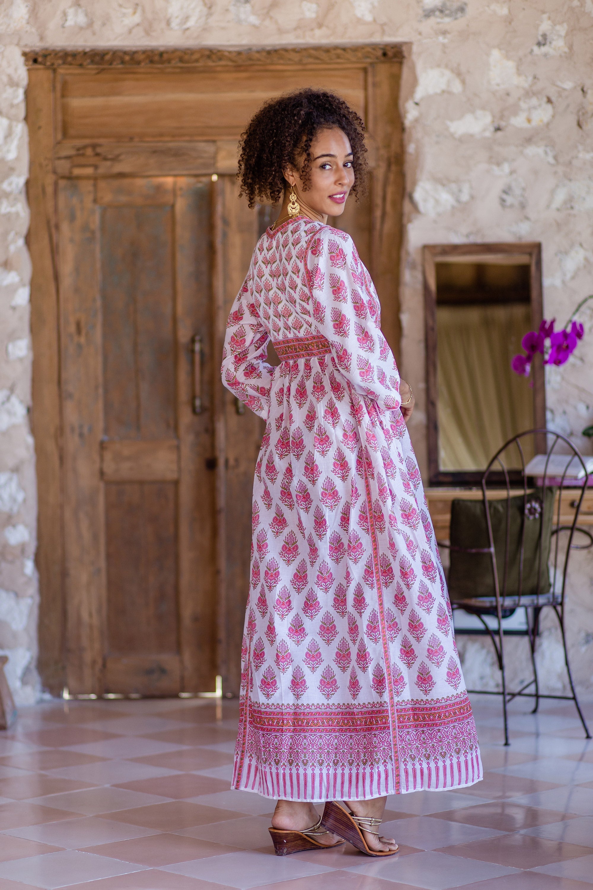 Pink Floral Print Cotton Maxi Dress - Floral Fantasy