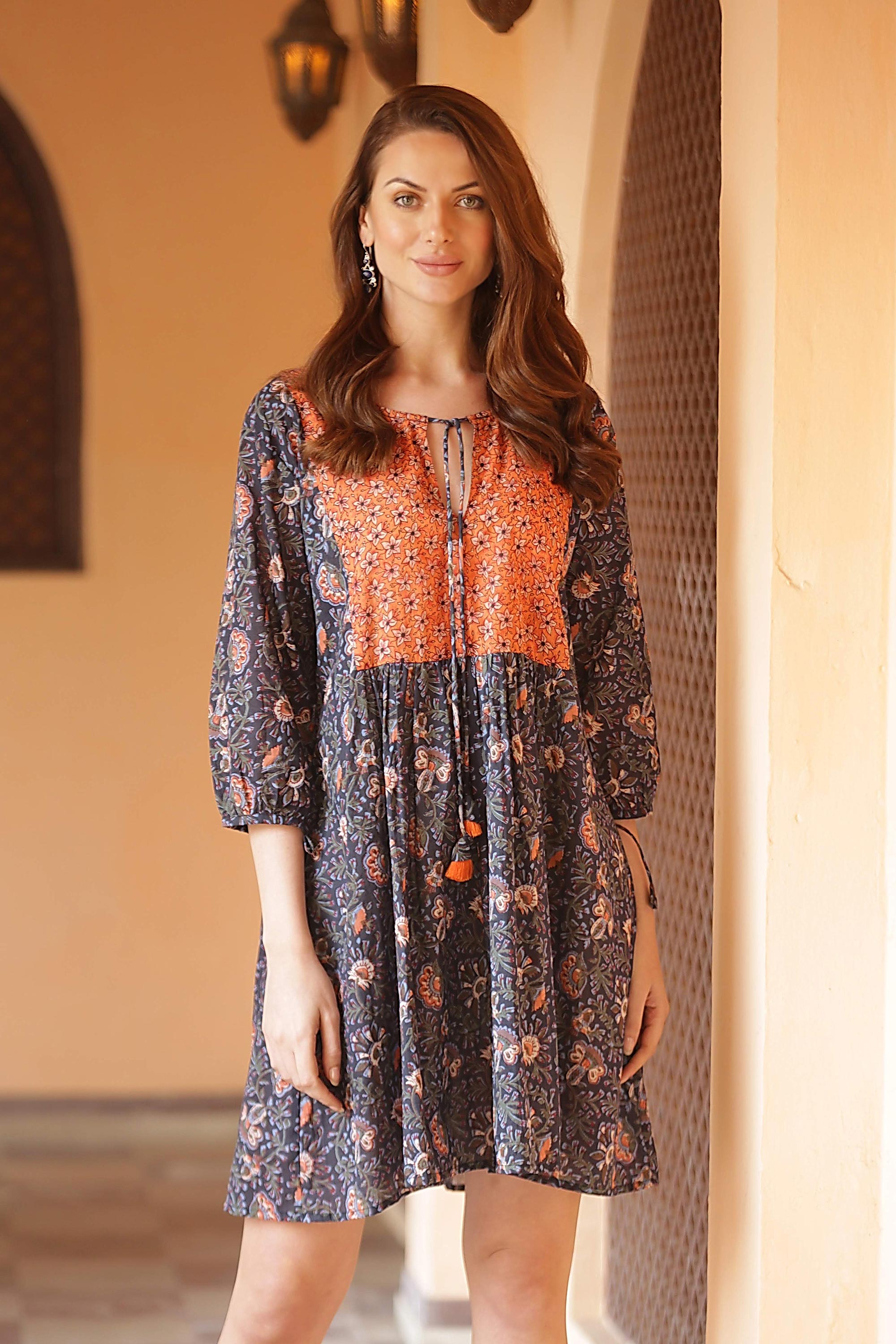 Screen Printed Floral Cotton Babydoll Short Dress from India - Floral Surprise