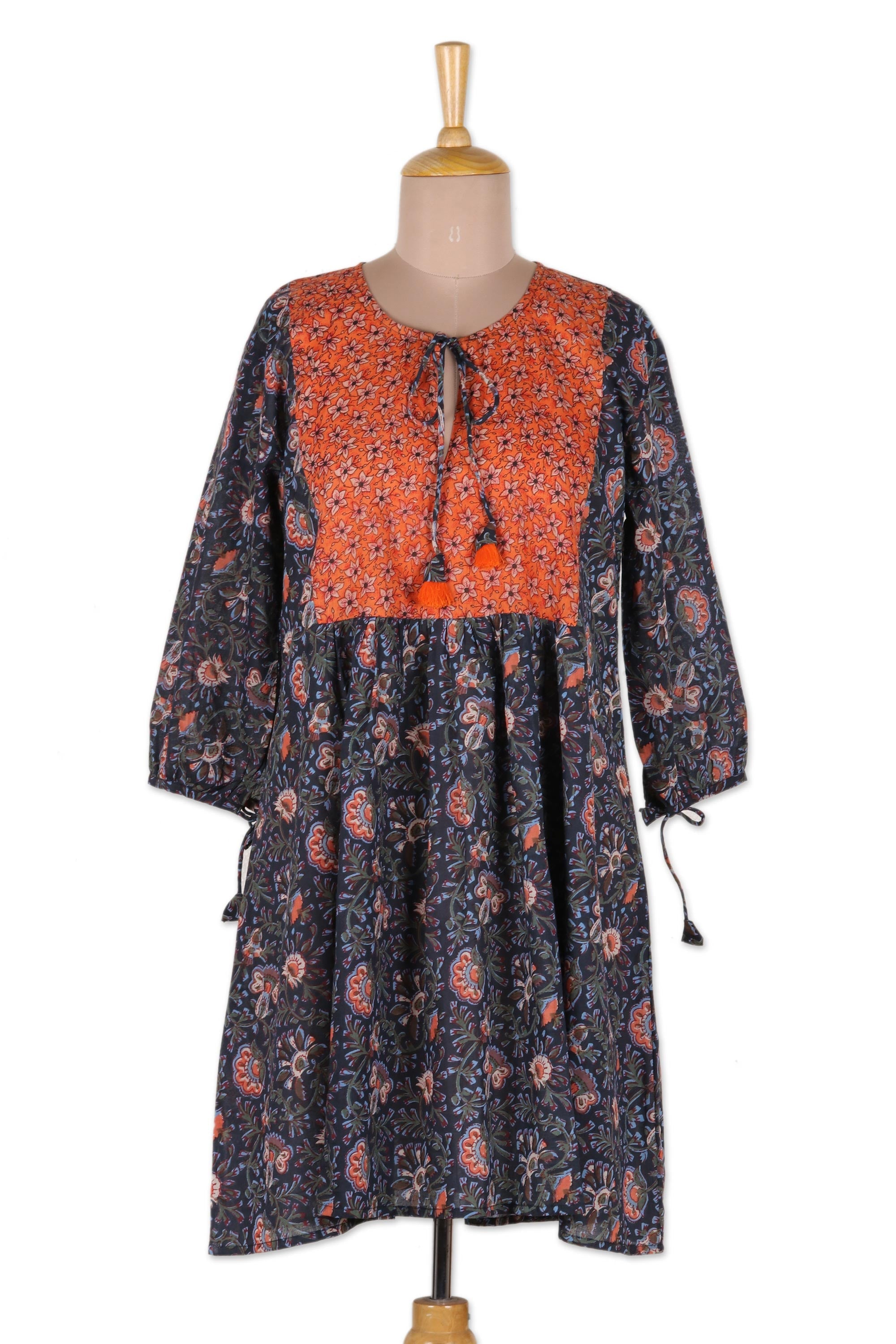 Screen Printed Floral Cotton Babydoll Short Dress from India - Floral Surprise