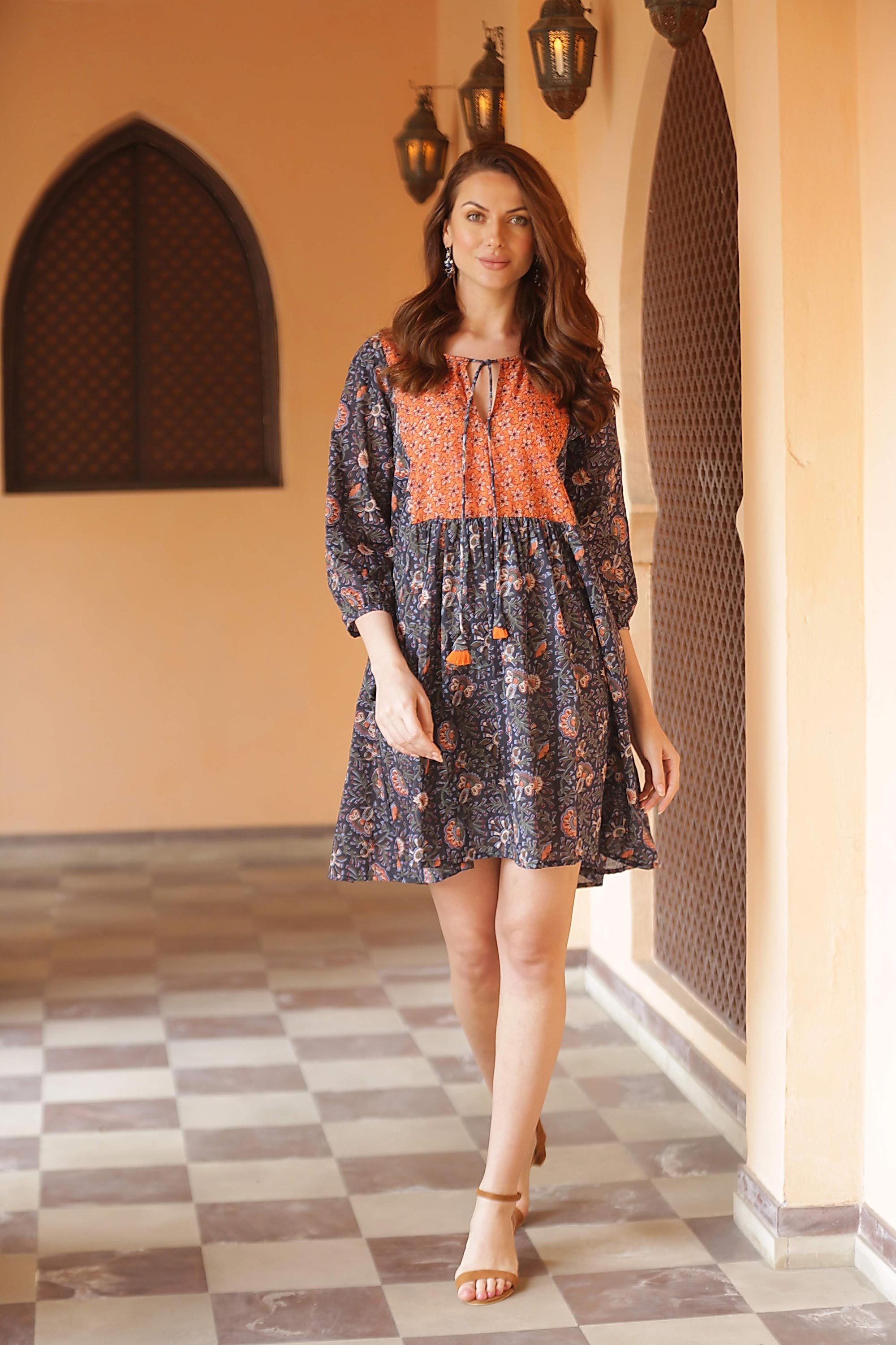 Screen Printed Floral Cotton Babydoll Short Dress from India - Floral Surprise