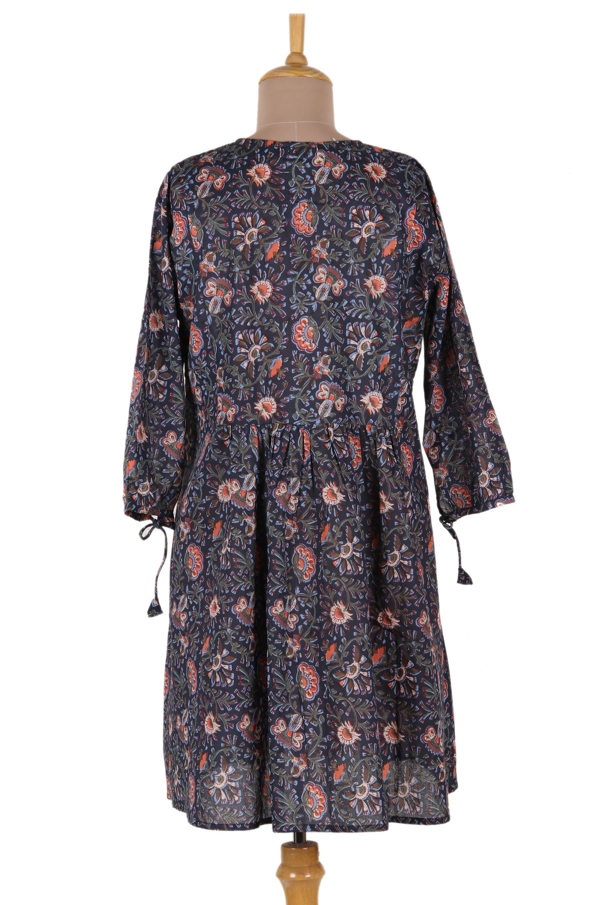 Screen Printed Floral Cotton Babydoll Short Dress from India - Floral Surprise