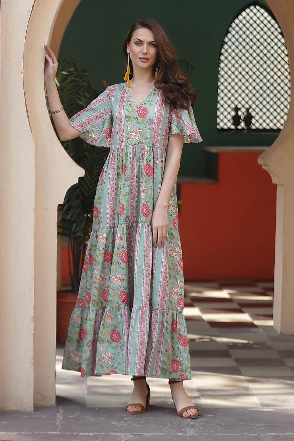 Flutter Sleeve Cotton Maxi Dress from India - Floral Symphony