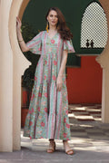 Flutter Sleeve Cotton Maxi Dress from India - Floral Symphony