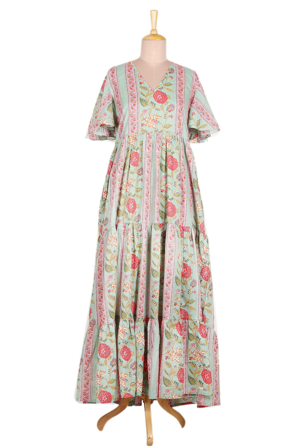 Flutter Sleeve Cotton Maxi Dress from India - Floral Symphony