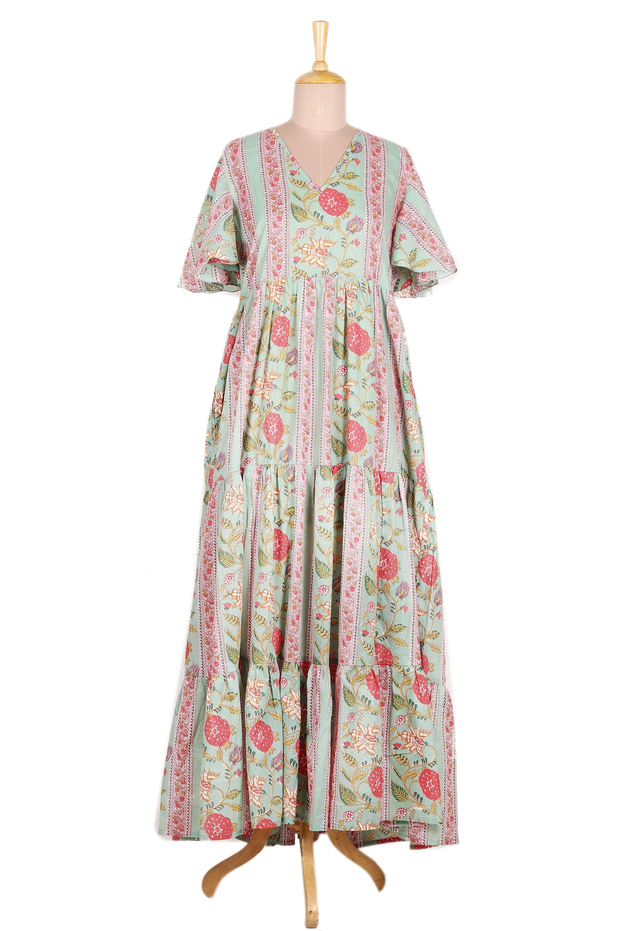 Flutter Sleeve Cotton Maxi Dress from India - Floral Symphony