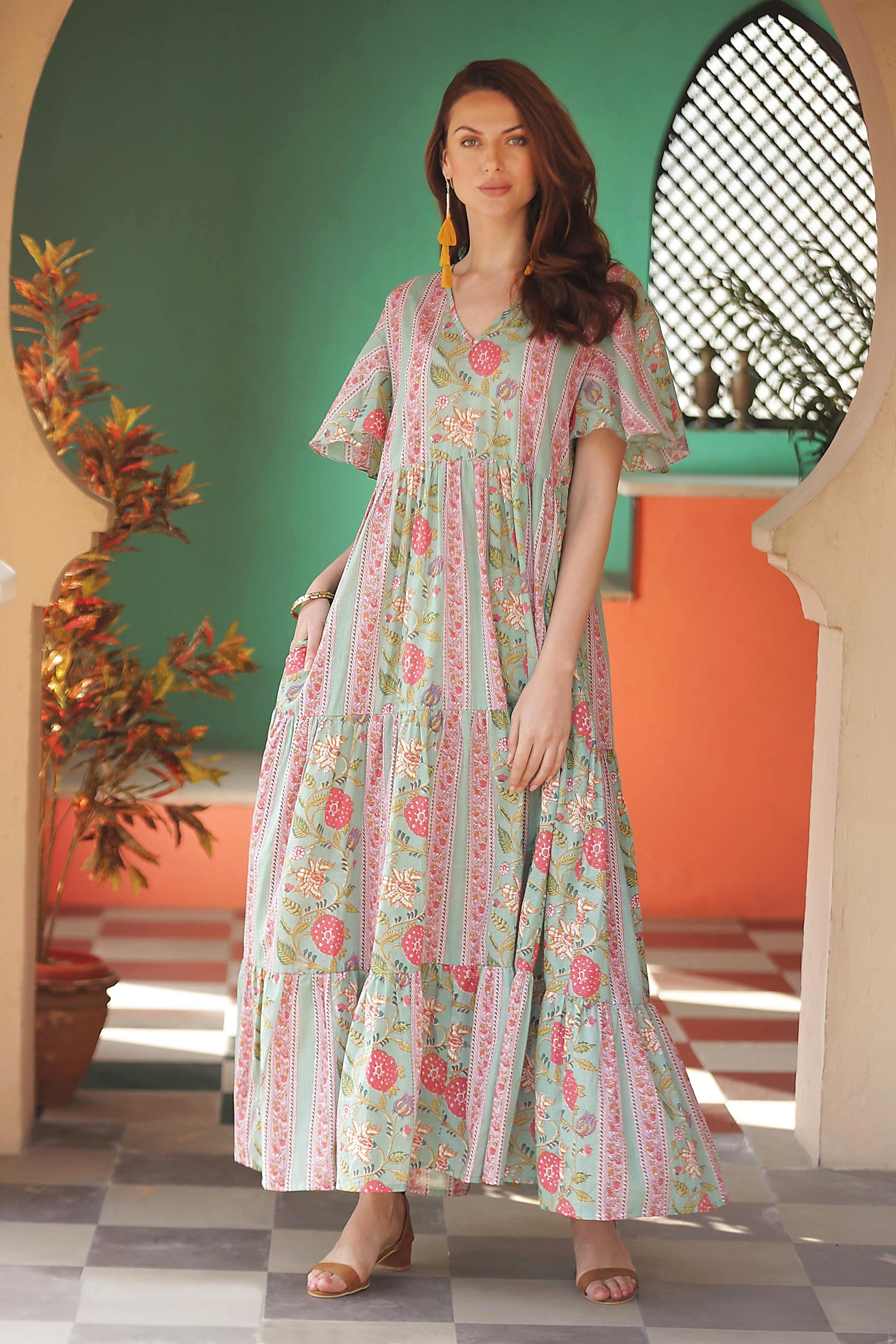 Flutter Sleeve Cotton Maxi Dress from India - Floral Symphony