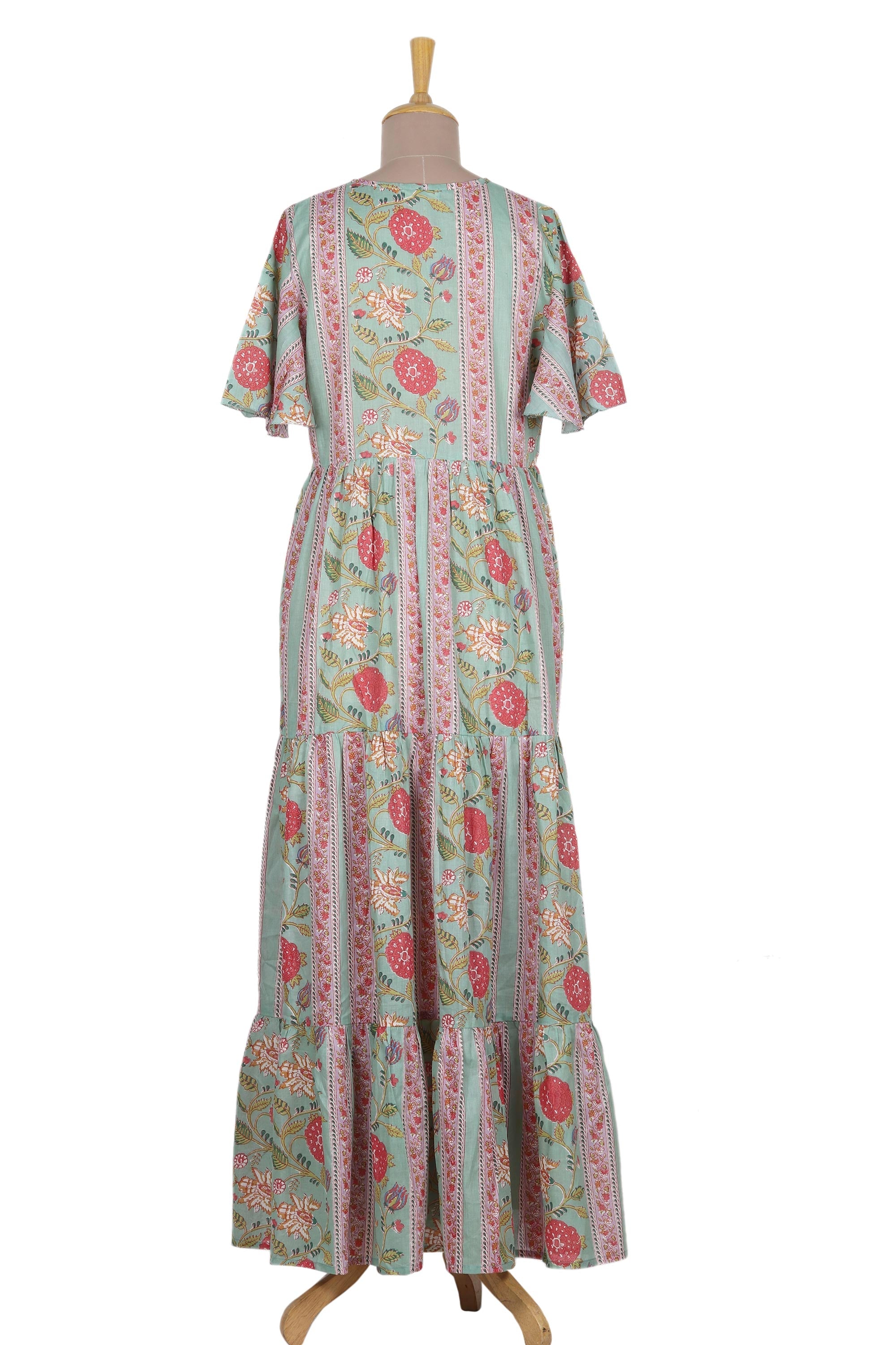 Flutter Sleeve Cotton Maxi Dress from India - Floral Symphony