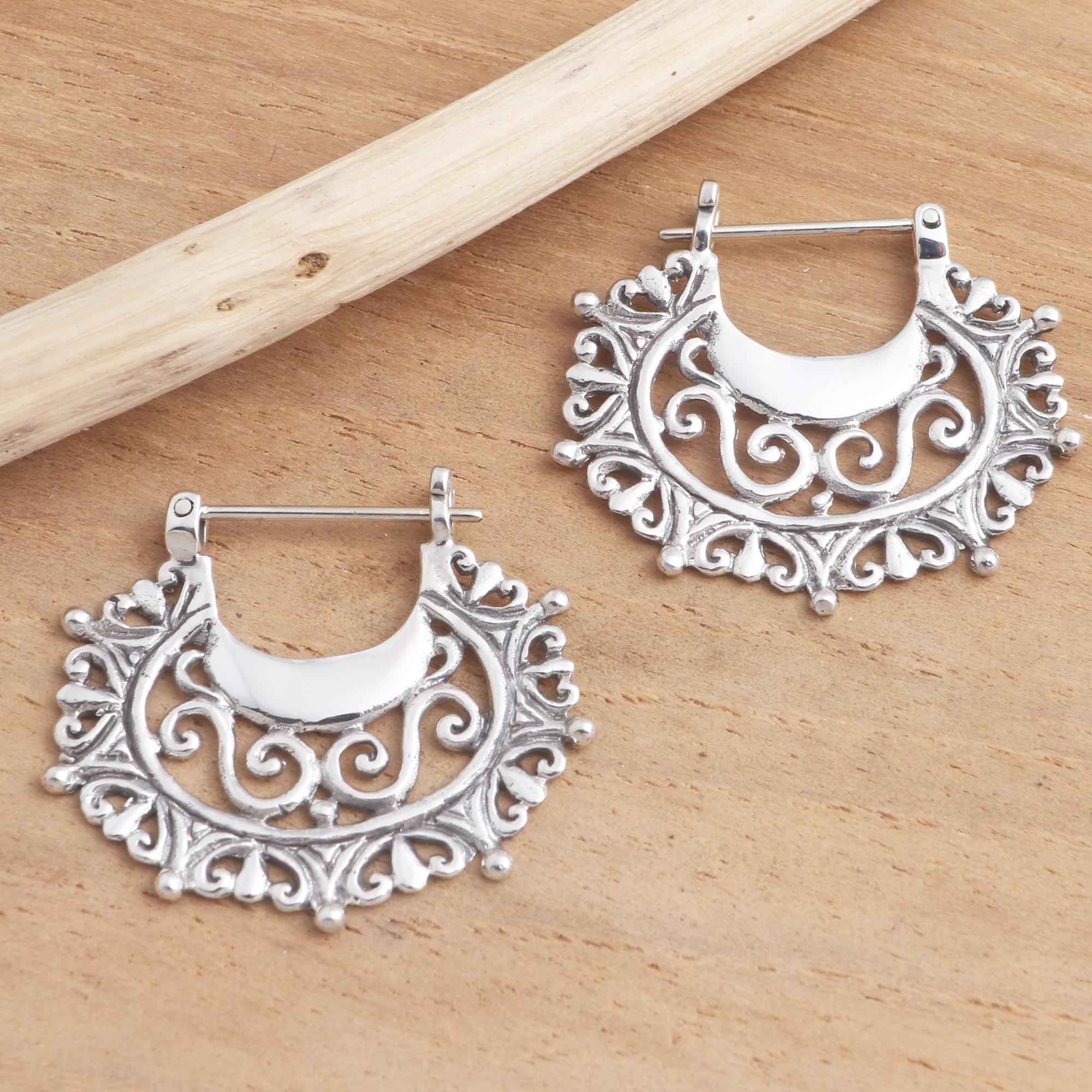 Balinese Sterling Silver Hoop Earrings - Engraved Curves