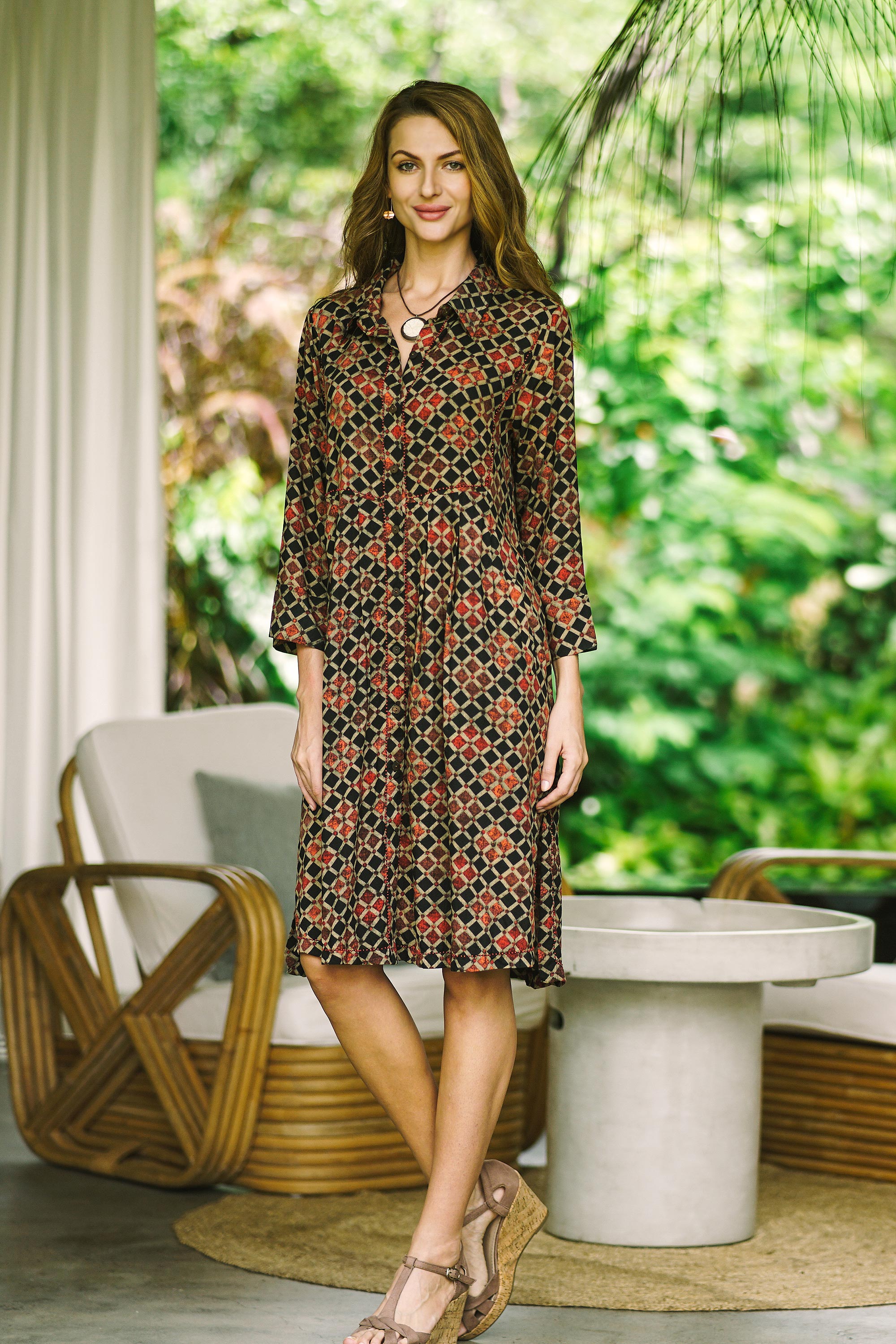 Dropped-Waist Viscose Print Shirtdress - Creative Fusion