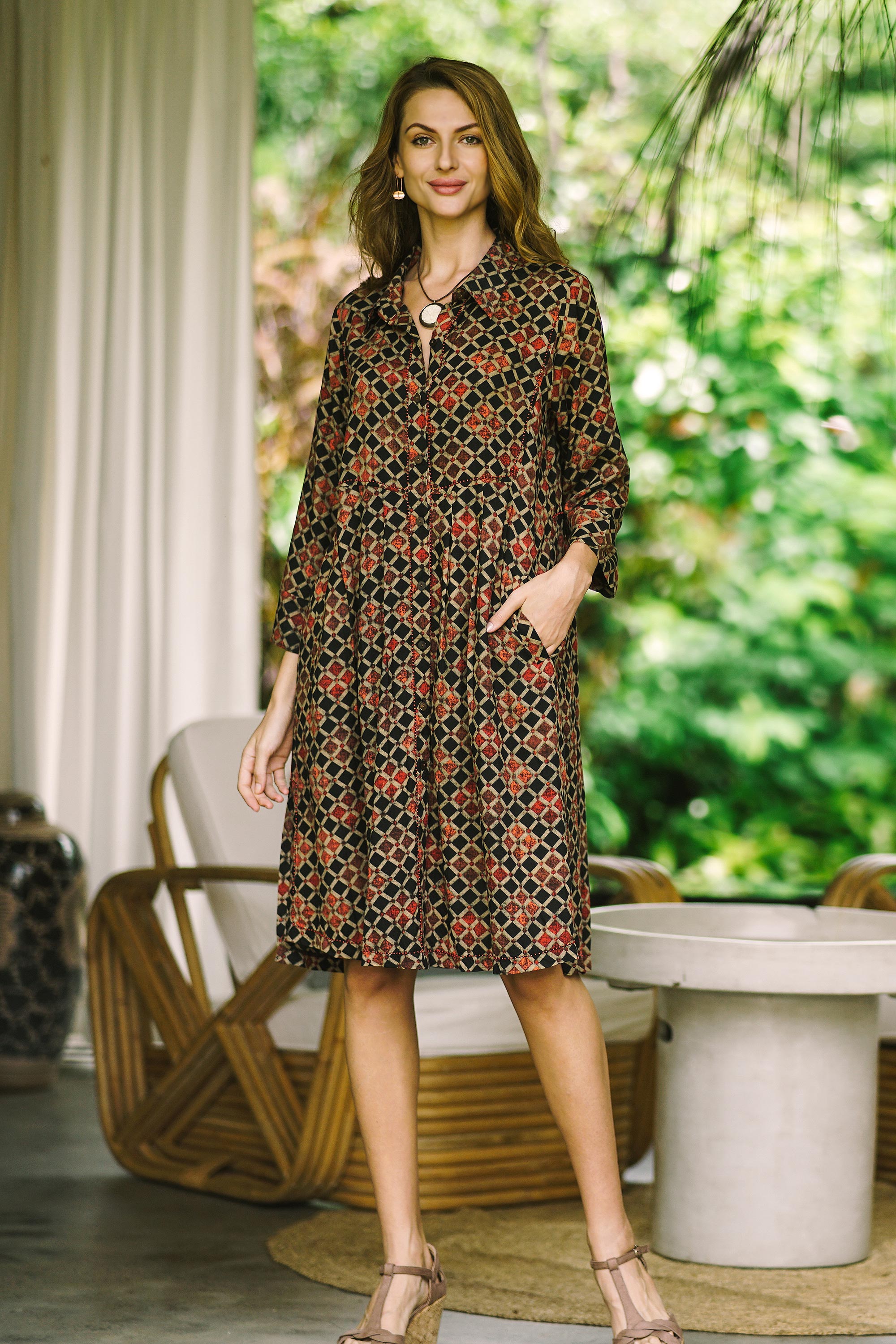 Dropped-Waist Viscose Print Shirtdress - Creative Fusion