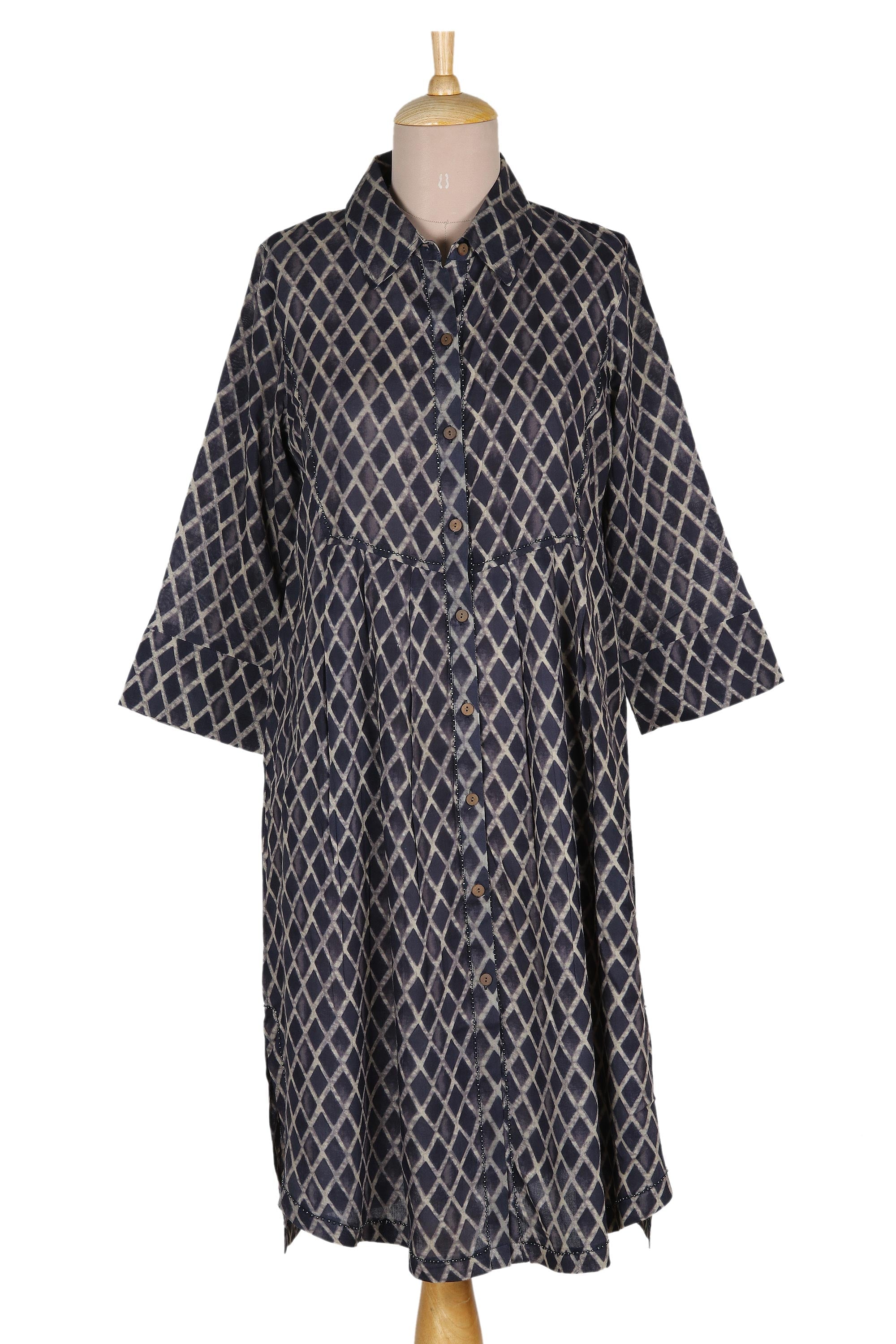 Dark Blue and Grey Beaded Shirtdress - Creative Fusion in Indigo