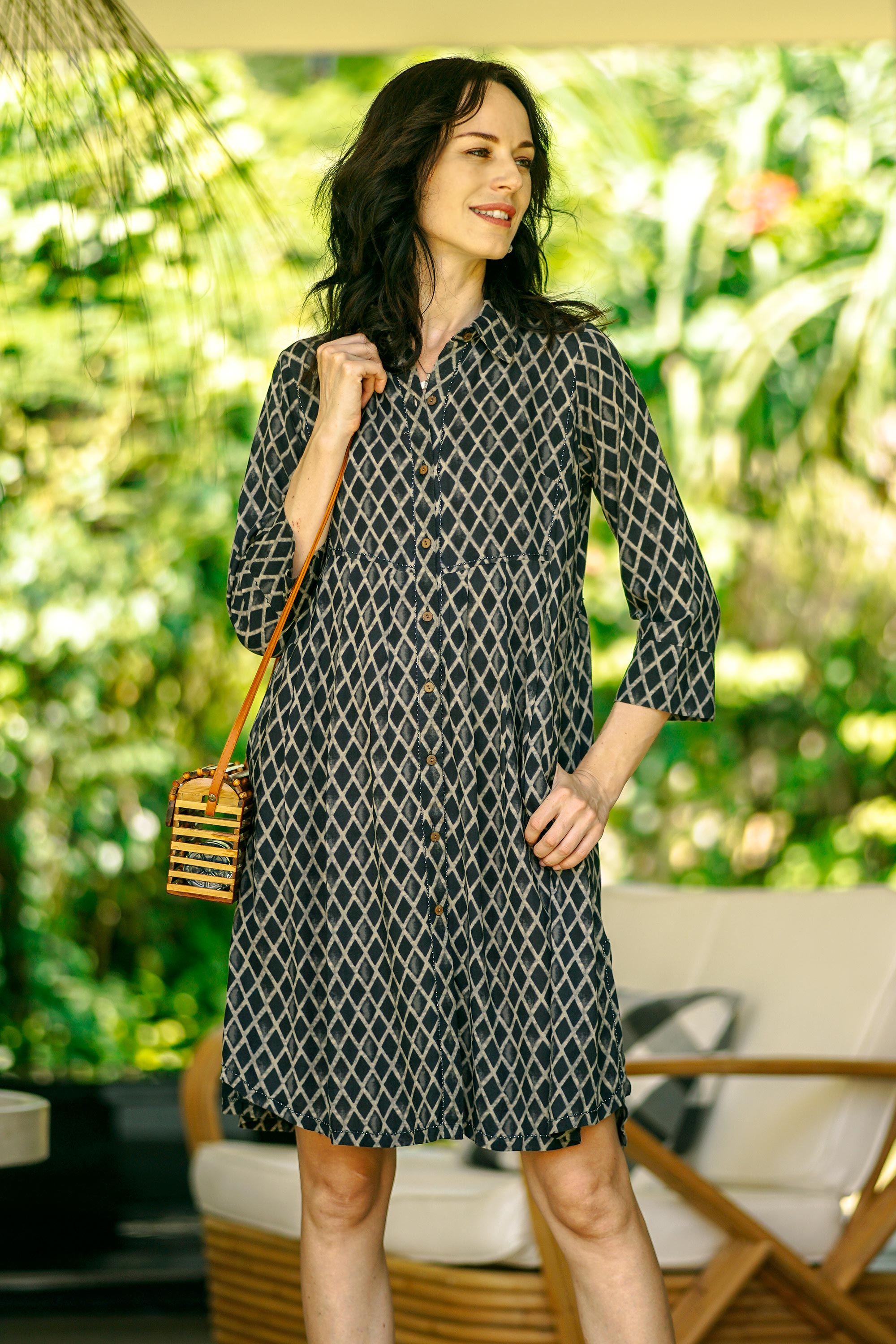 Dark Blue and Grey Beaded Shirtdress - Creative Fusion in Indigo