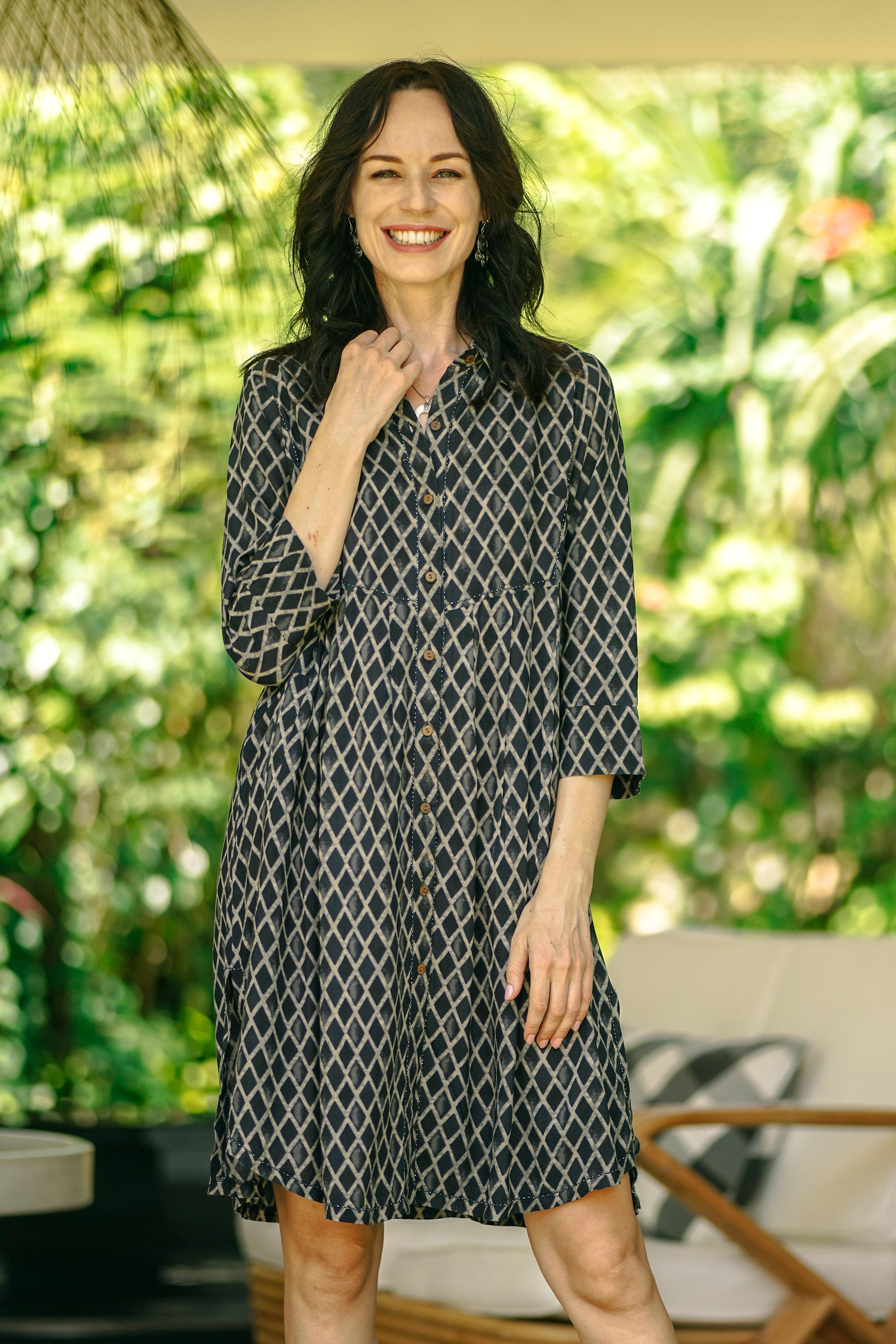 Dark Blue and Grey Beaded Shirtdress - Creative Fusion in Indigo