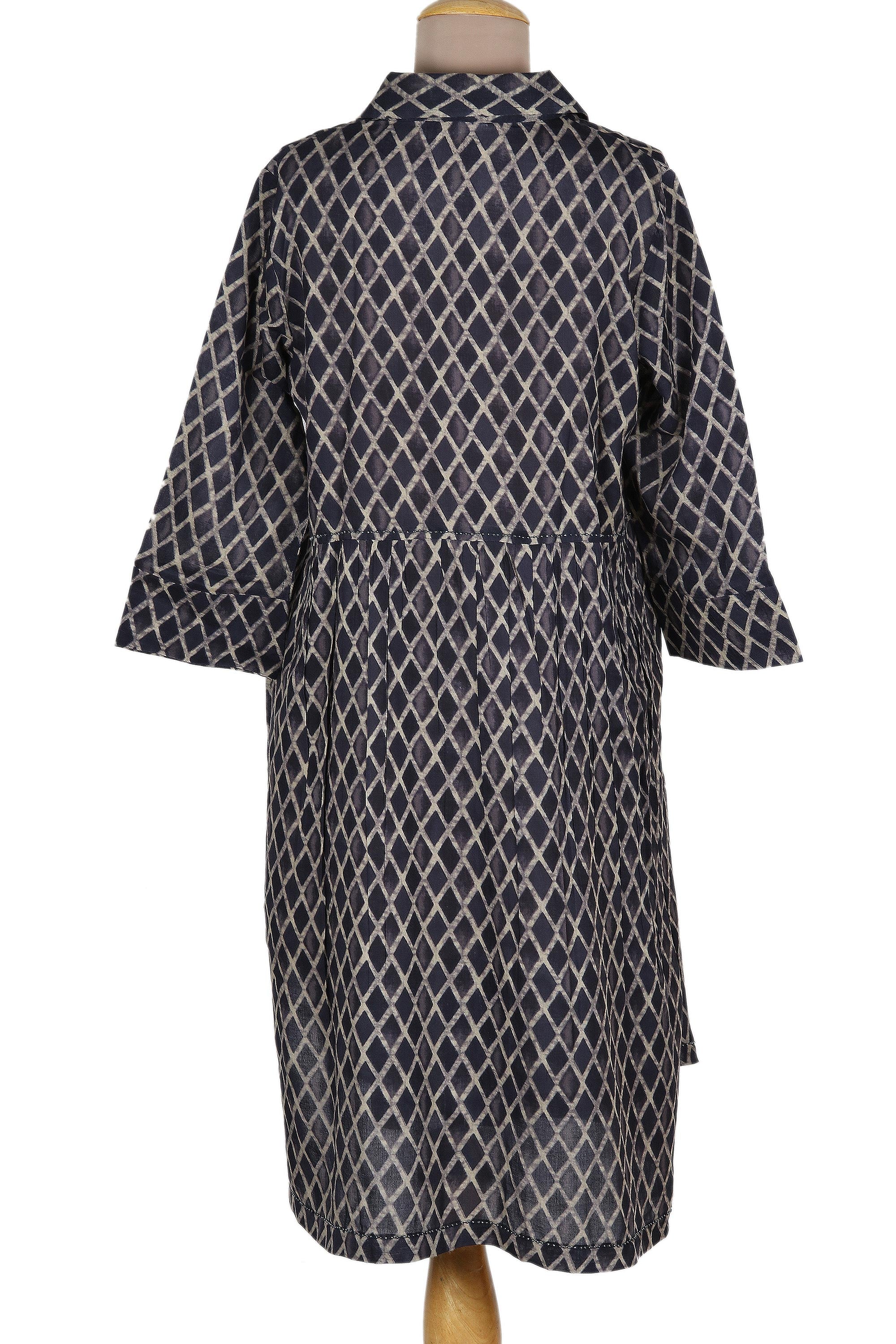 Dark Blue and Grey Beaded Shirtdress - Creative Fusion in Indigo