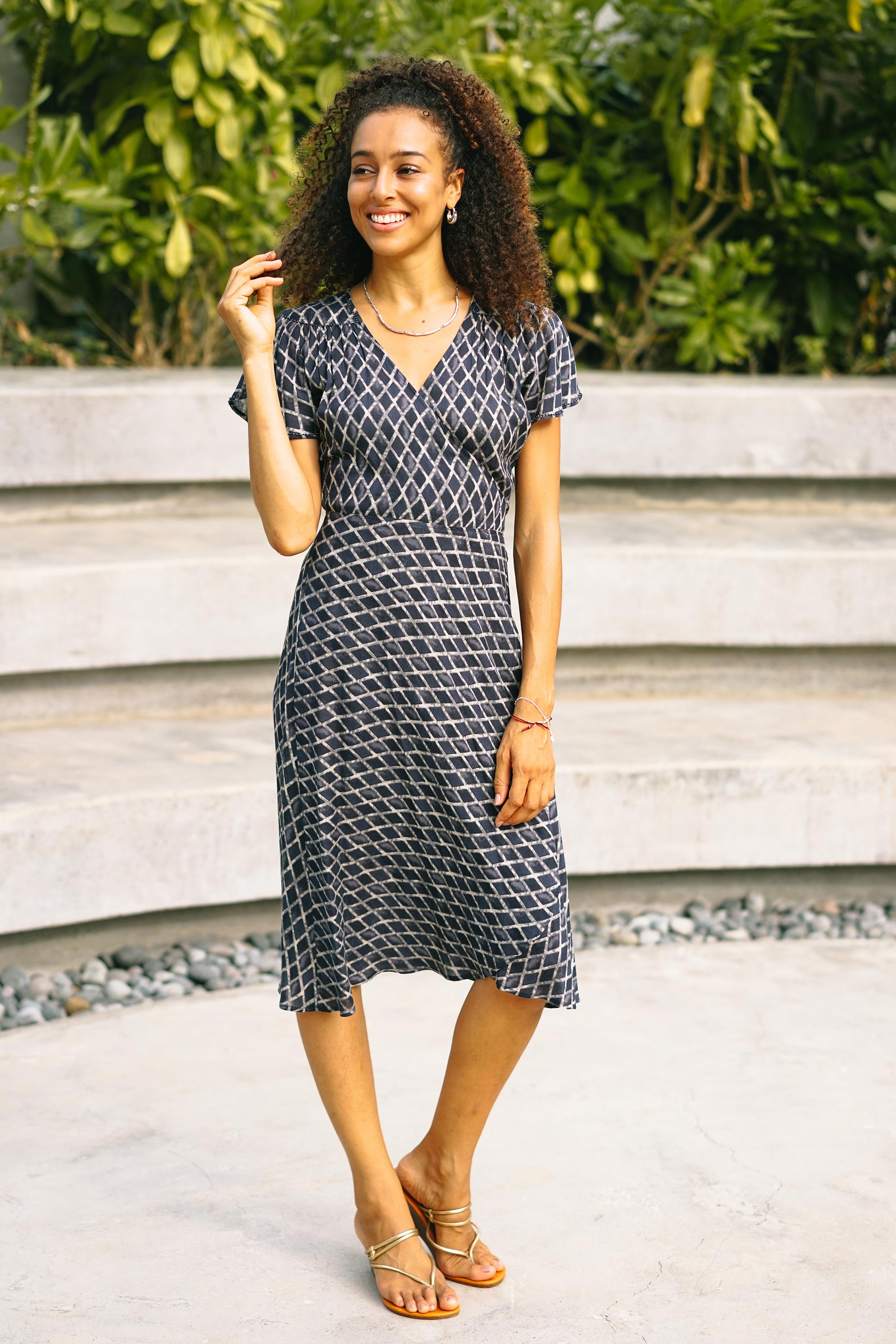 Beaded Indigo Viscose Wrap Dress - Creative Fusion in Indigo