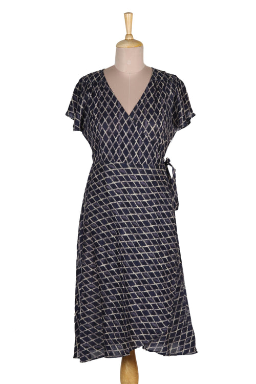 Beaded Indigo Viscose Wrap Dress - Creative Fusion in Indigo