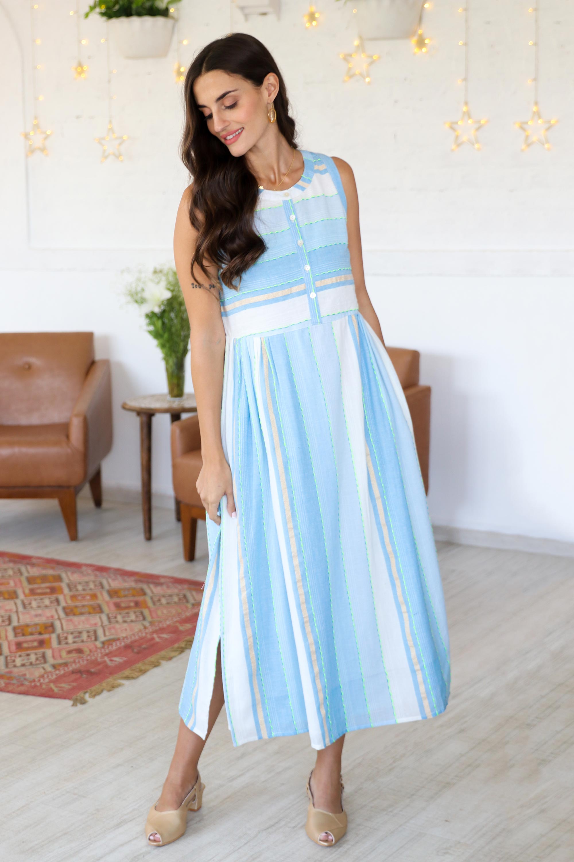 Hand Made Embroidered Cotton Sundress - Horizon in Blue