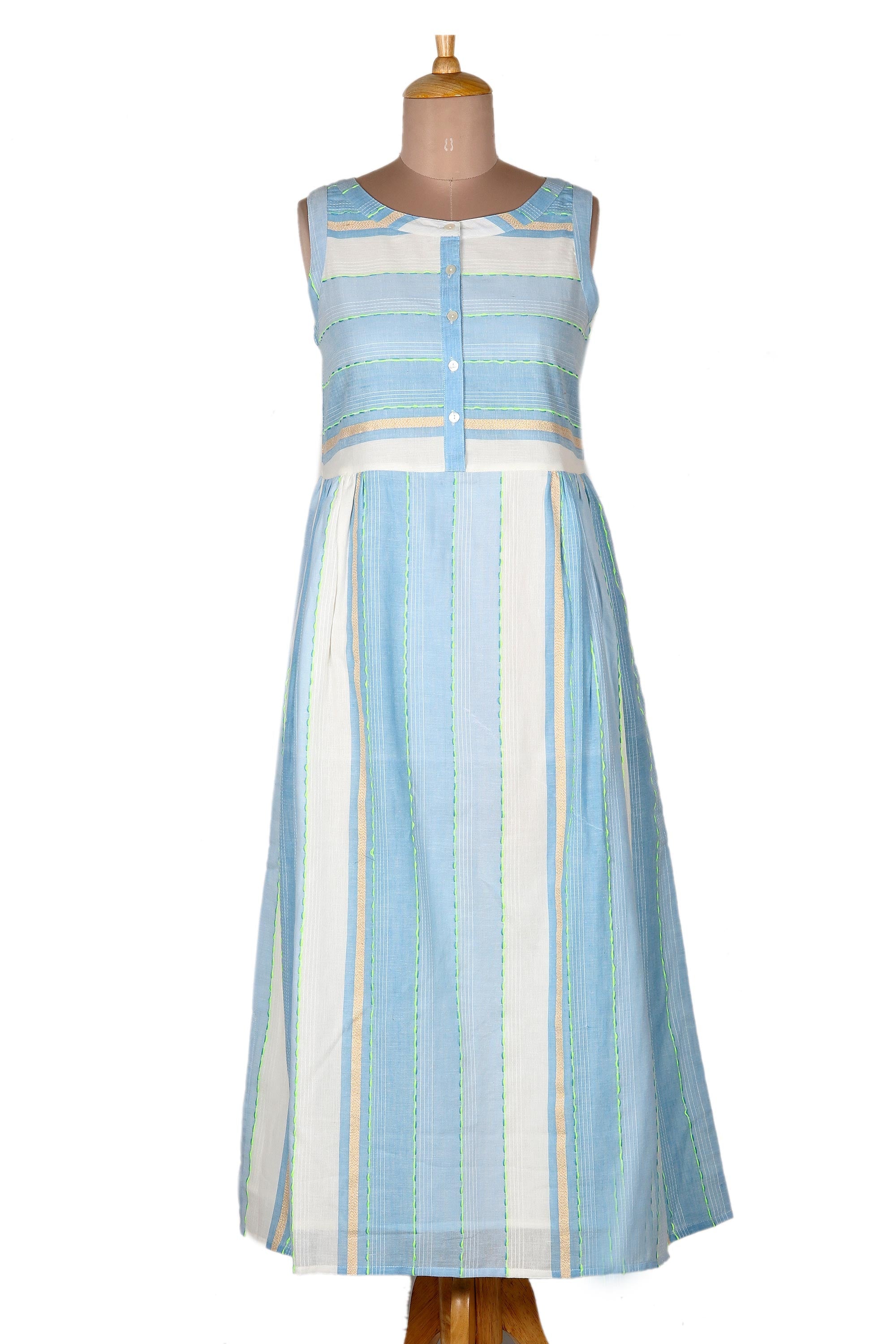 Hand Made Embroidered Cotton Sundress - Horizon in Blue