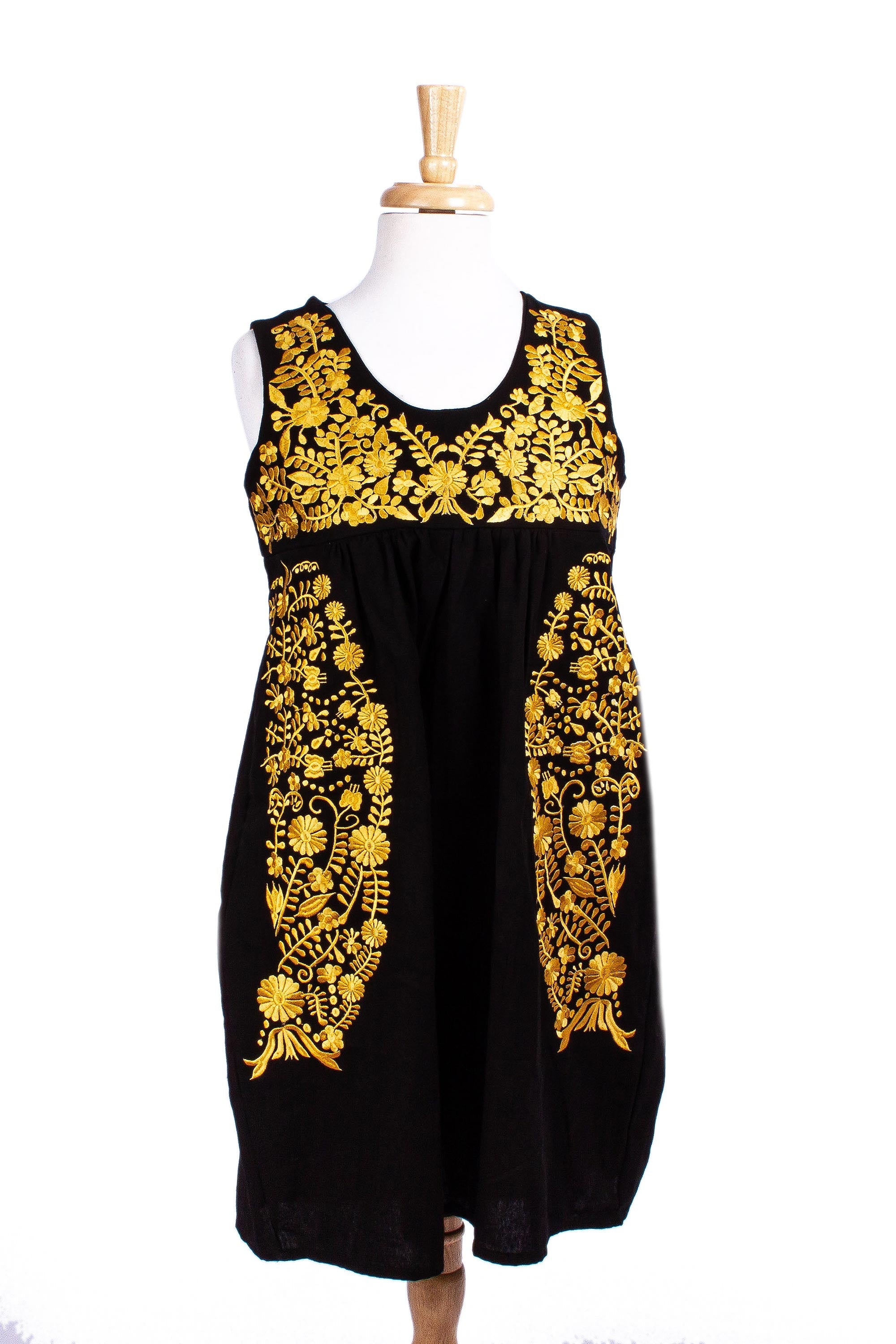 Hand Embroidered Yellow & Black Cotton Oaxaca Style Dress - Golden Midnight Oaxaca Blossom