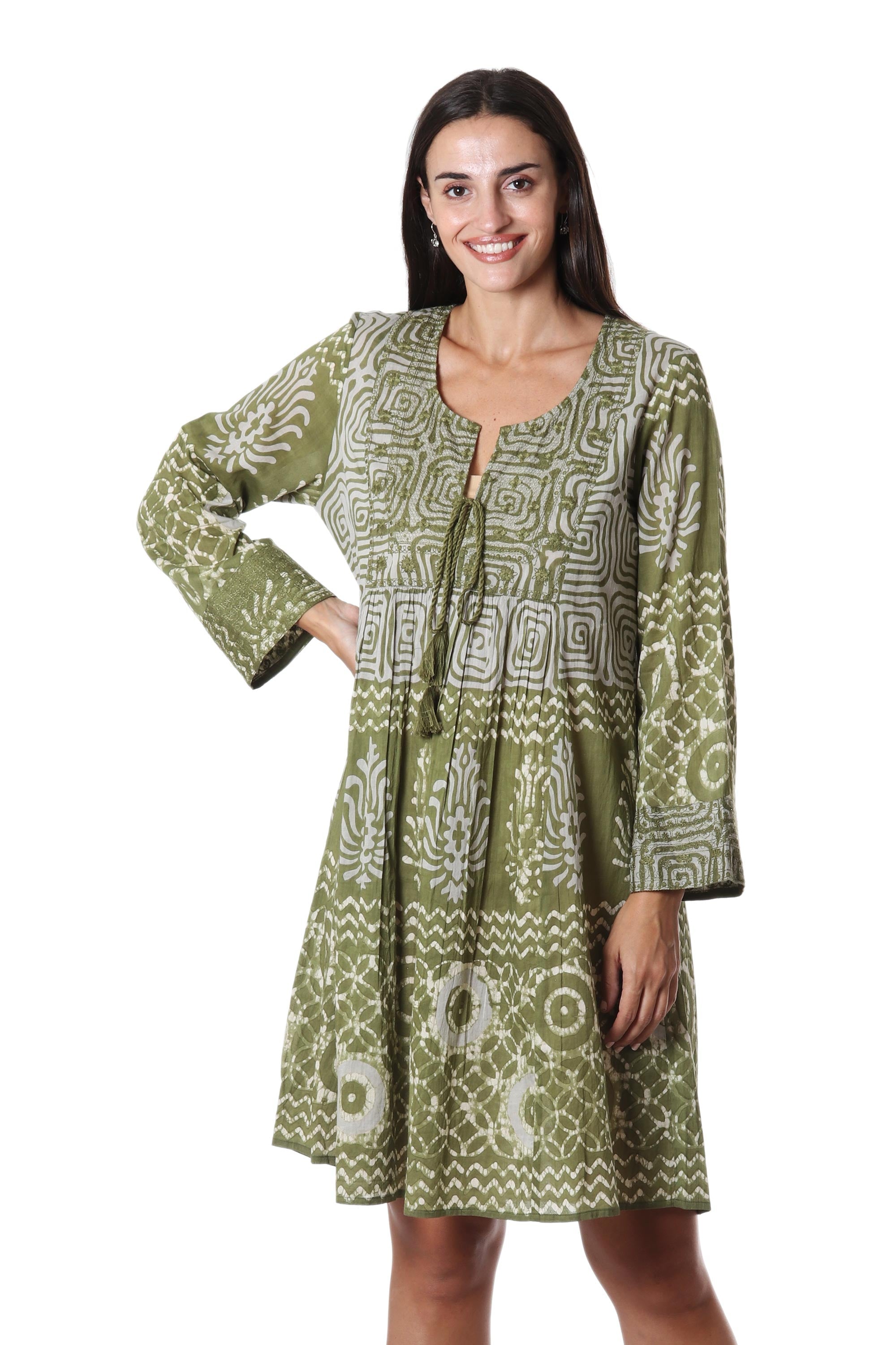 Screen Printed Embroidered Cotton Dress - Cool Green