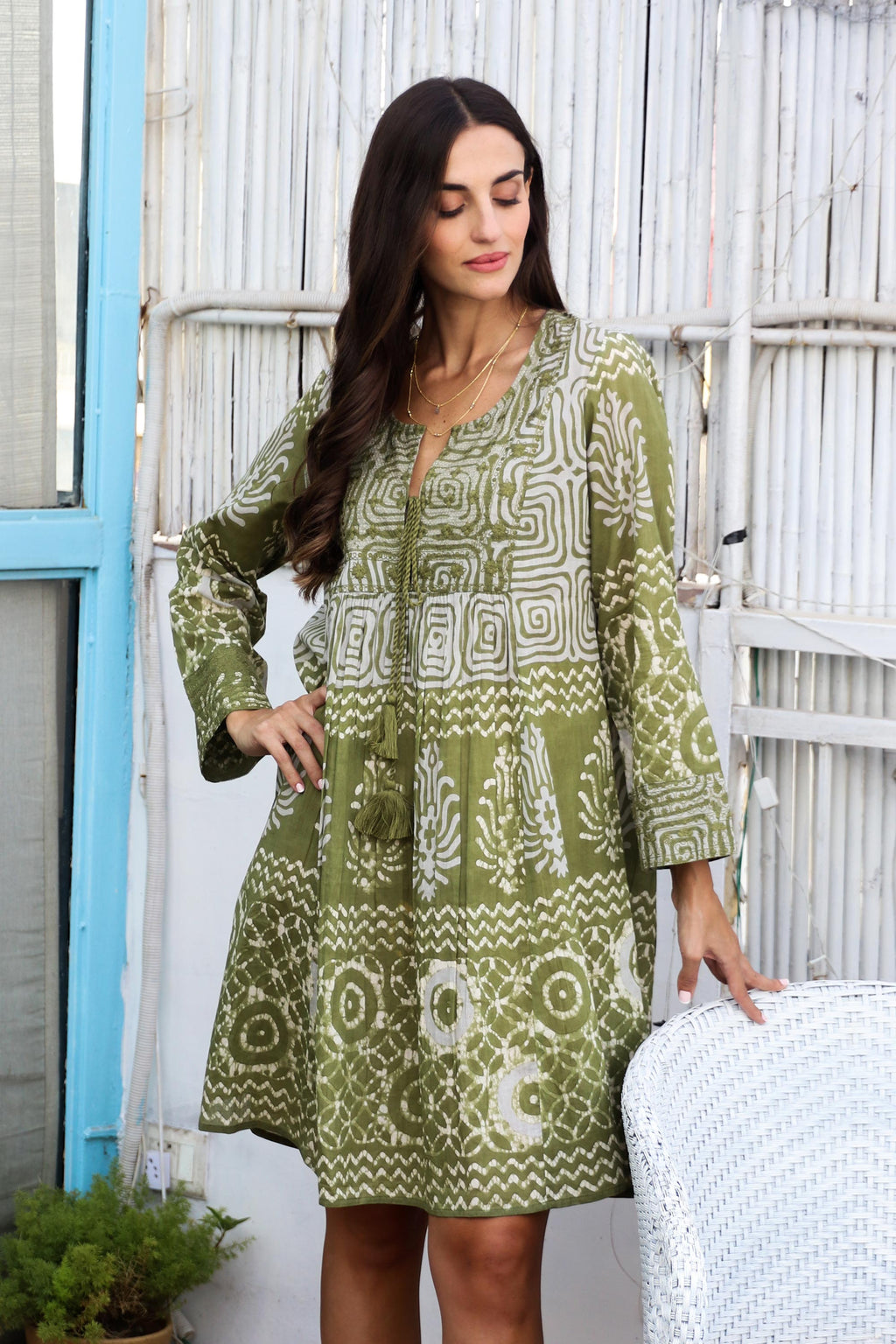 Screen Printed Embroidered Cotton Dress - Cool Green