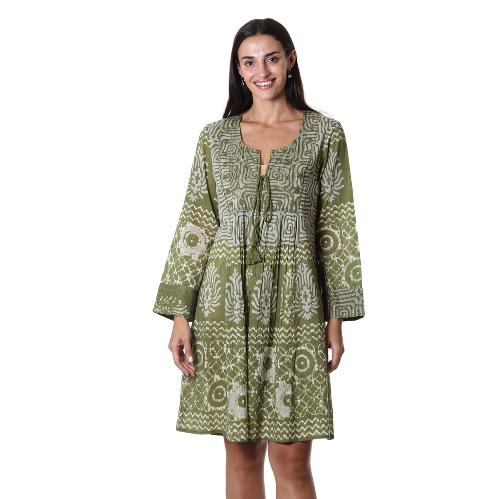 Screen Printed Embroidered Cotton Dress - Cool Green