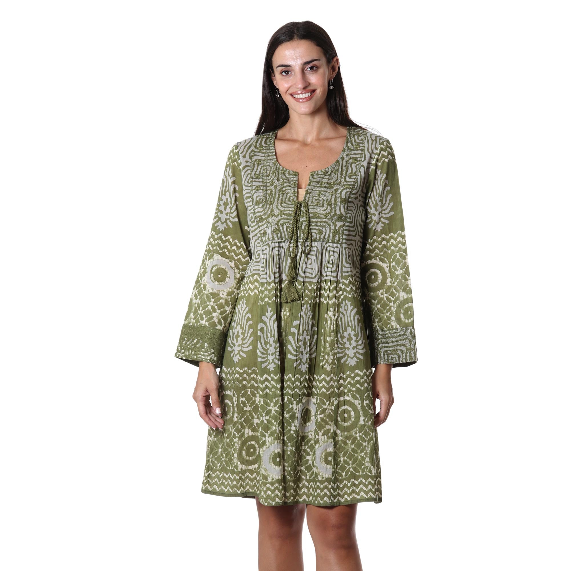 Screen Printed Embroidered Cotton Dress - Cool Green